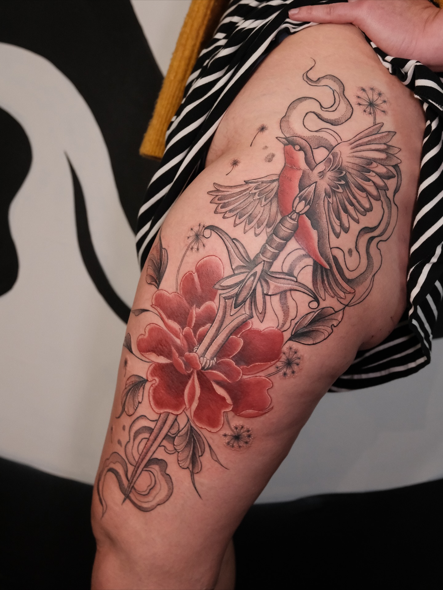 Bird and dagger American traditional tattoo on the thigh by Velvet, Seattle, Washington