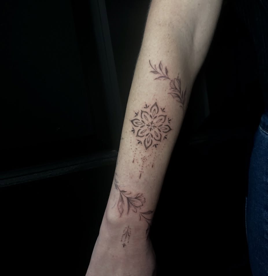 Tattoo by @lethaltearstattoo — dotwork, geometric