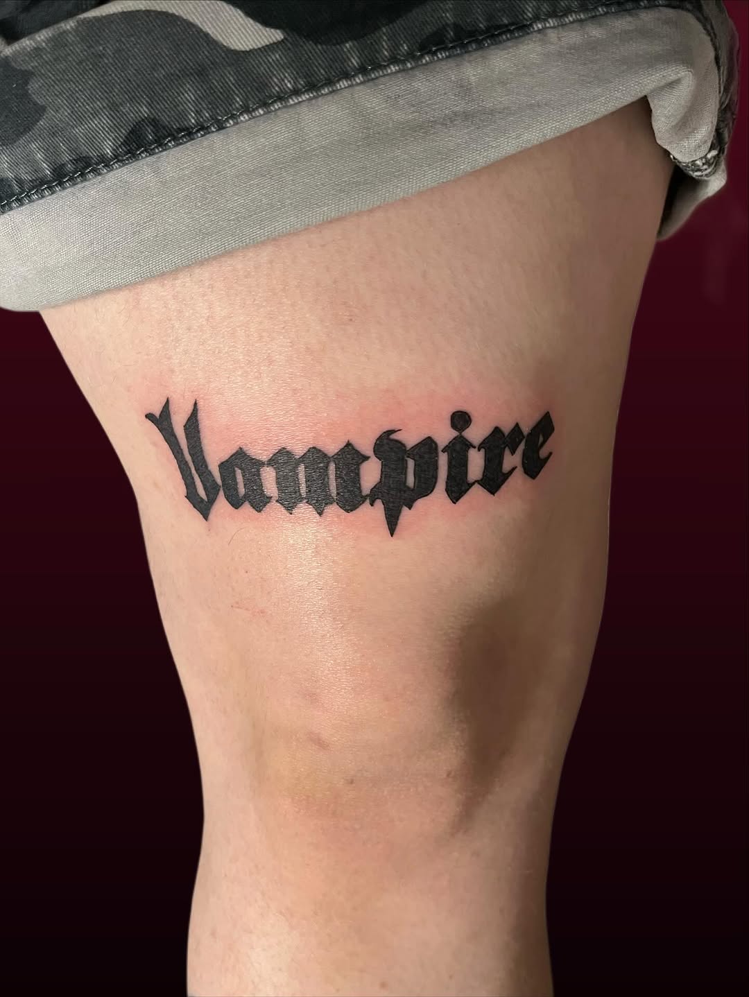 Vampire lettering lettering tattoo on the thigh by ❦julia