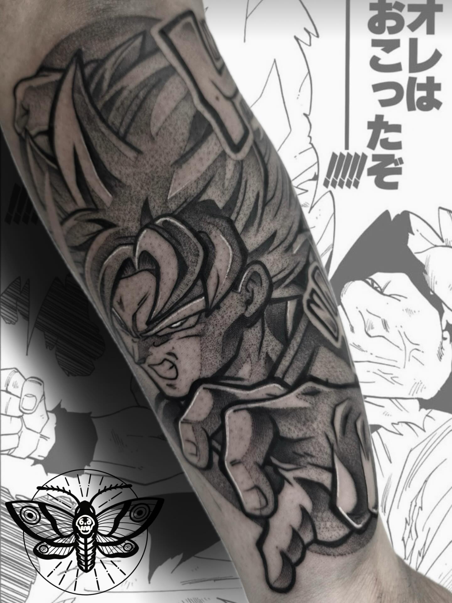 Vegeta black and grey tattoo on the forearm by Danny, San Luis Obispo, California