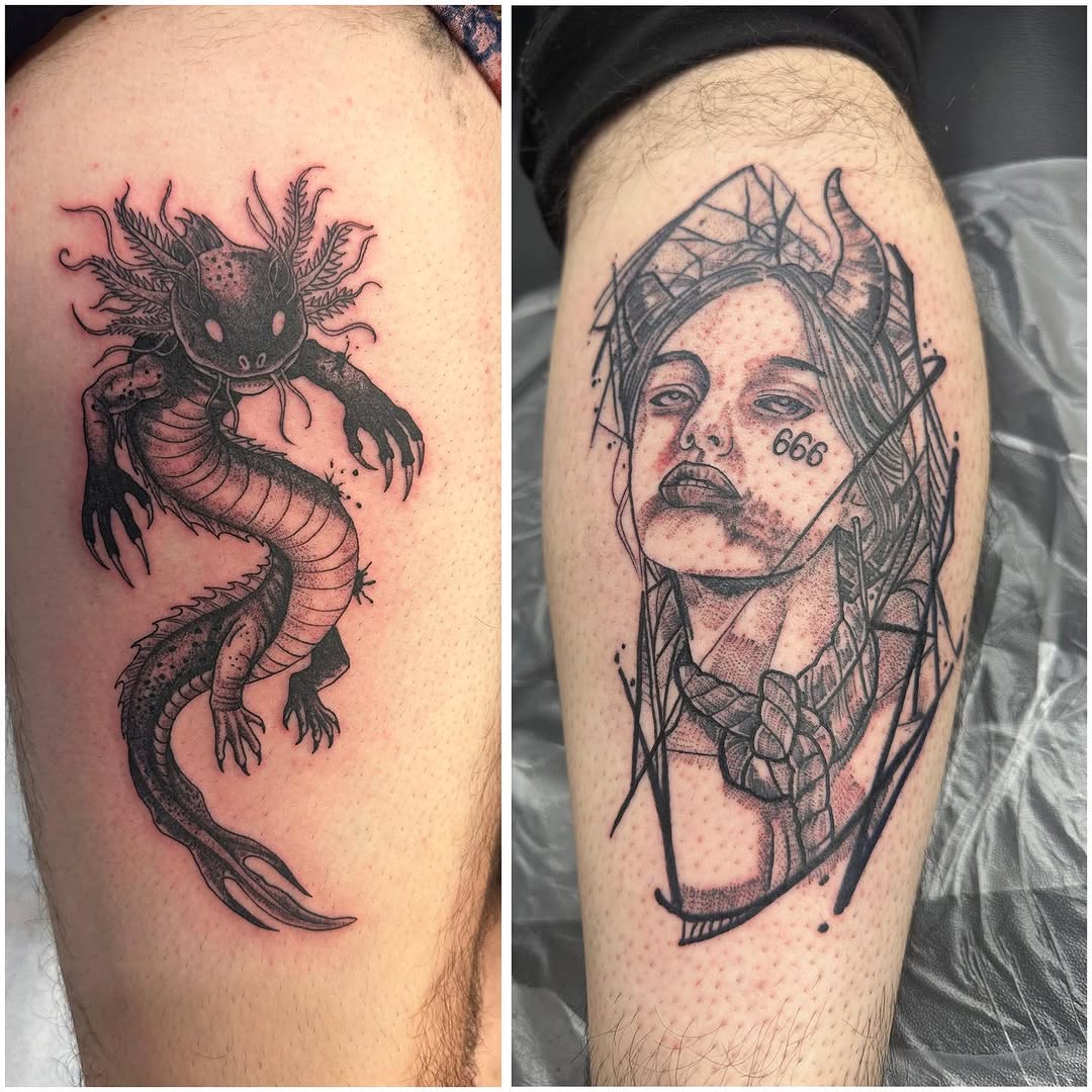 Tattoo by @lenca_art — black_and_grey, dotwork