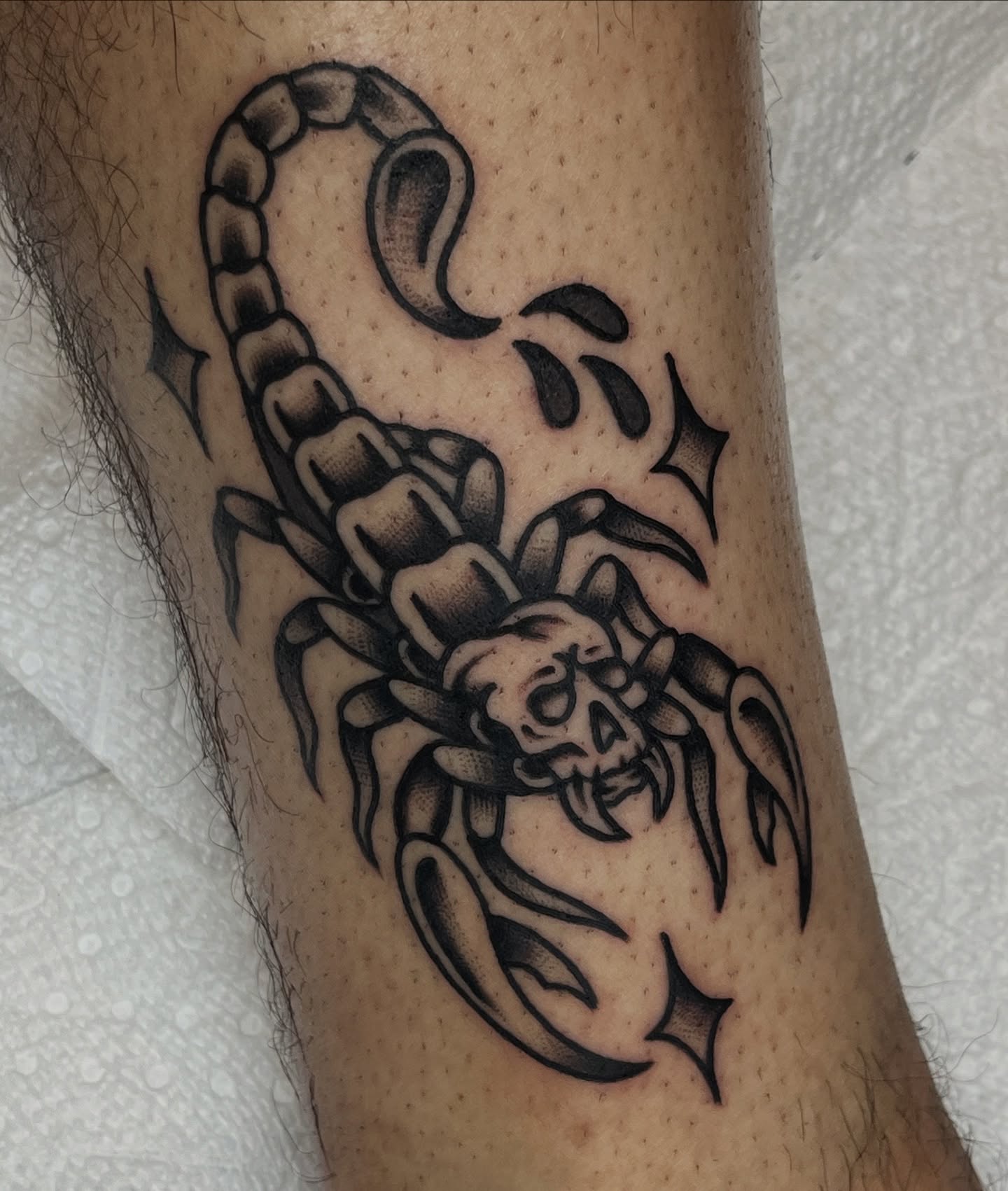 Scorpion black and grey tattoo on the forearm by August B., Renton, Washington