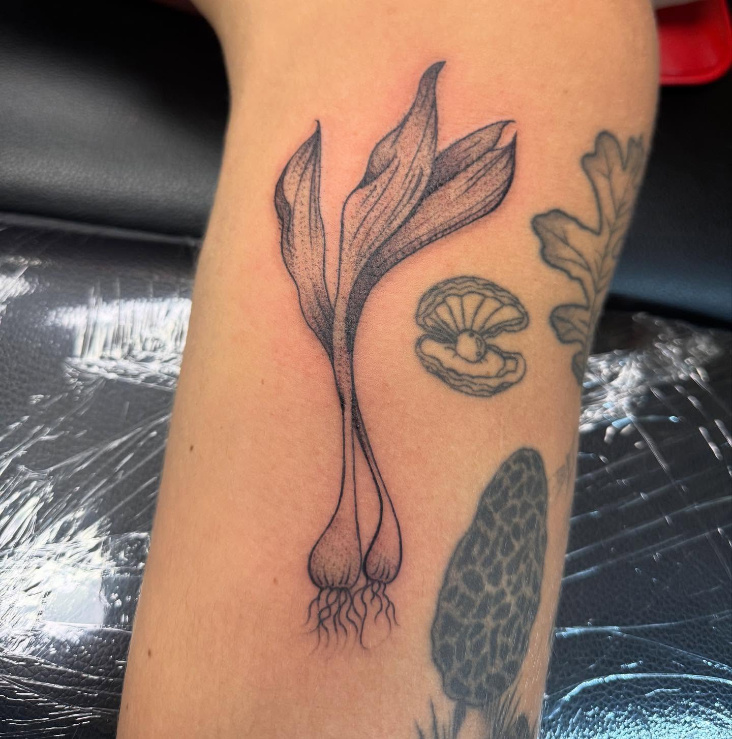 Garlic and morel mushroom black and grey tattoo on the forearm by 𝗞𝗮𝘁 𝗕𝗹𝗮𝗻𝗸𝗲𝗻𝘀𝗵𝗶𝗽