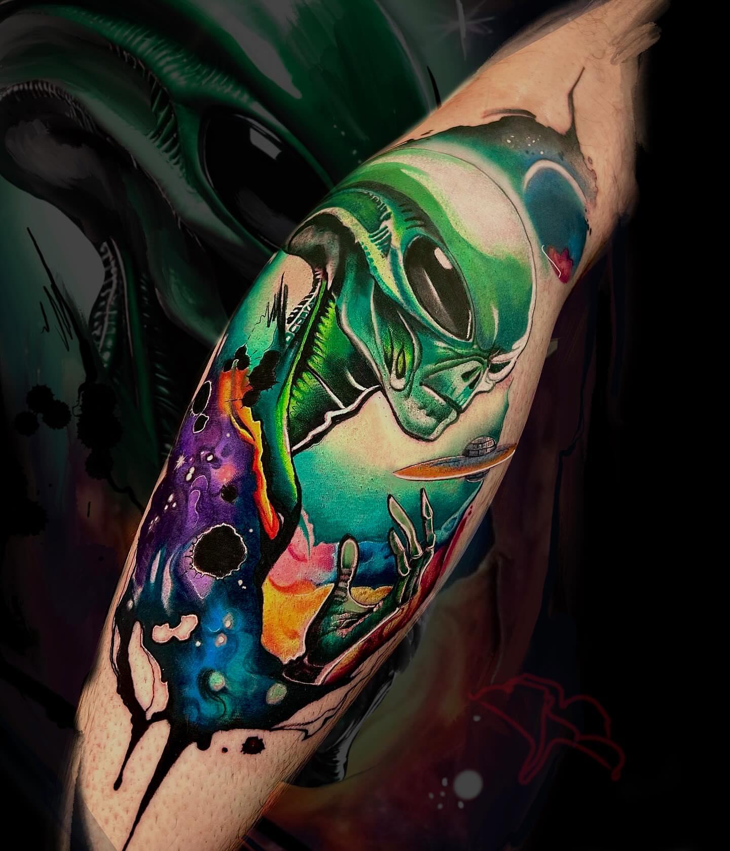 Alien surrealism tattoo on the forearm by Aline Petunia, Los Angeles, California