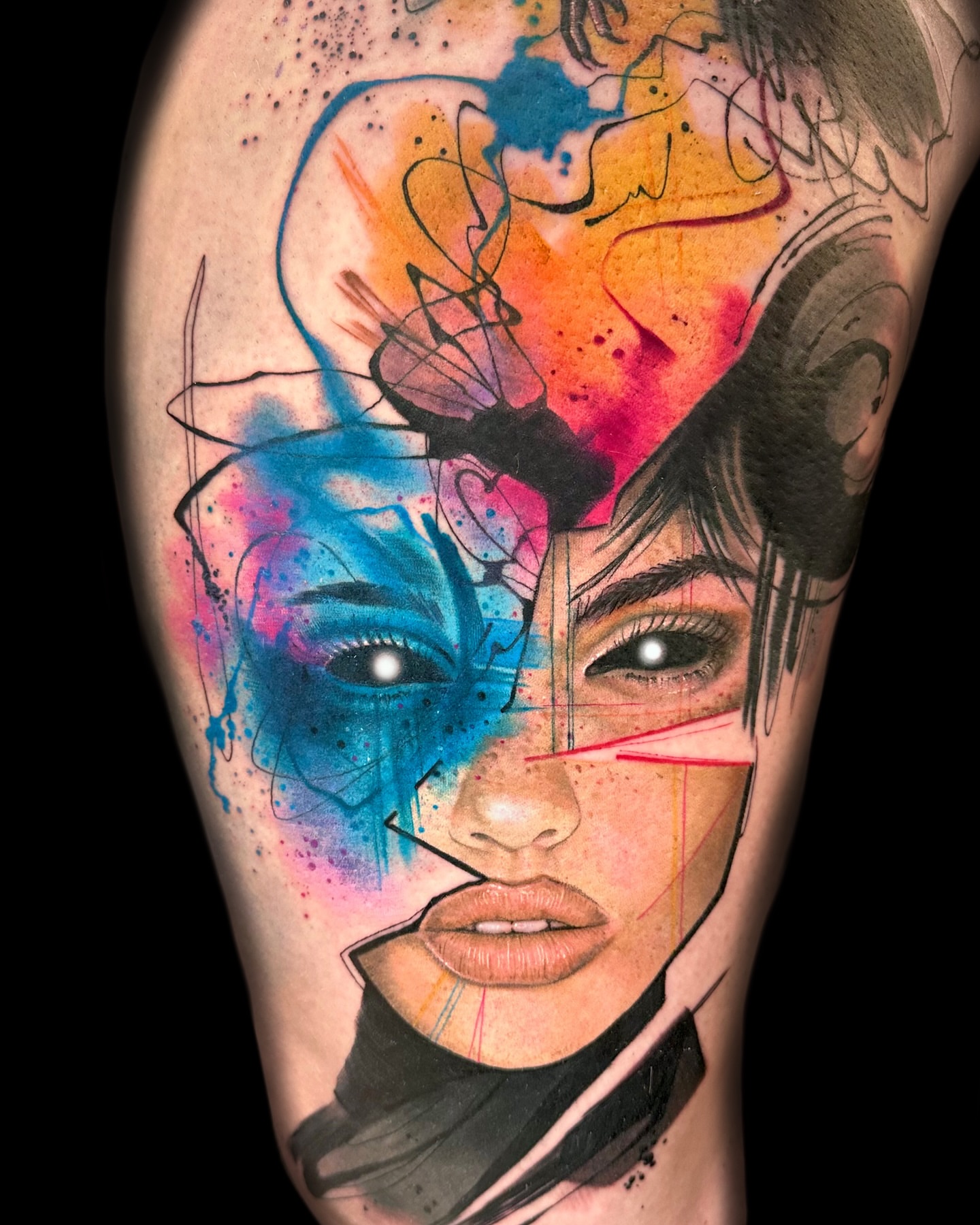 Abstract portrait watercolor tattoo on the forearm by Alena Petunia