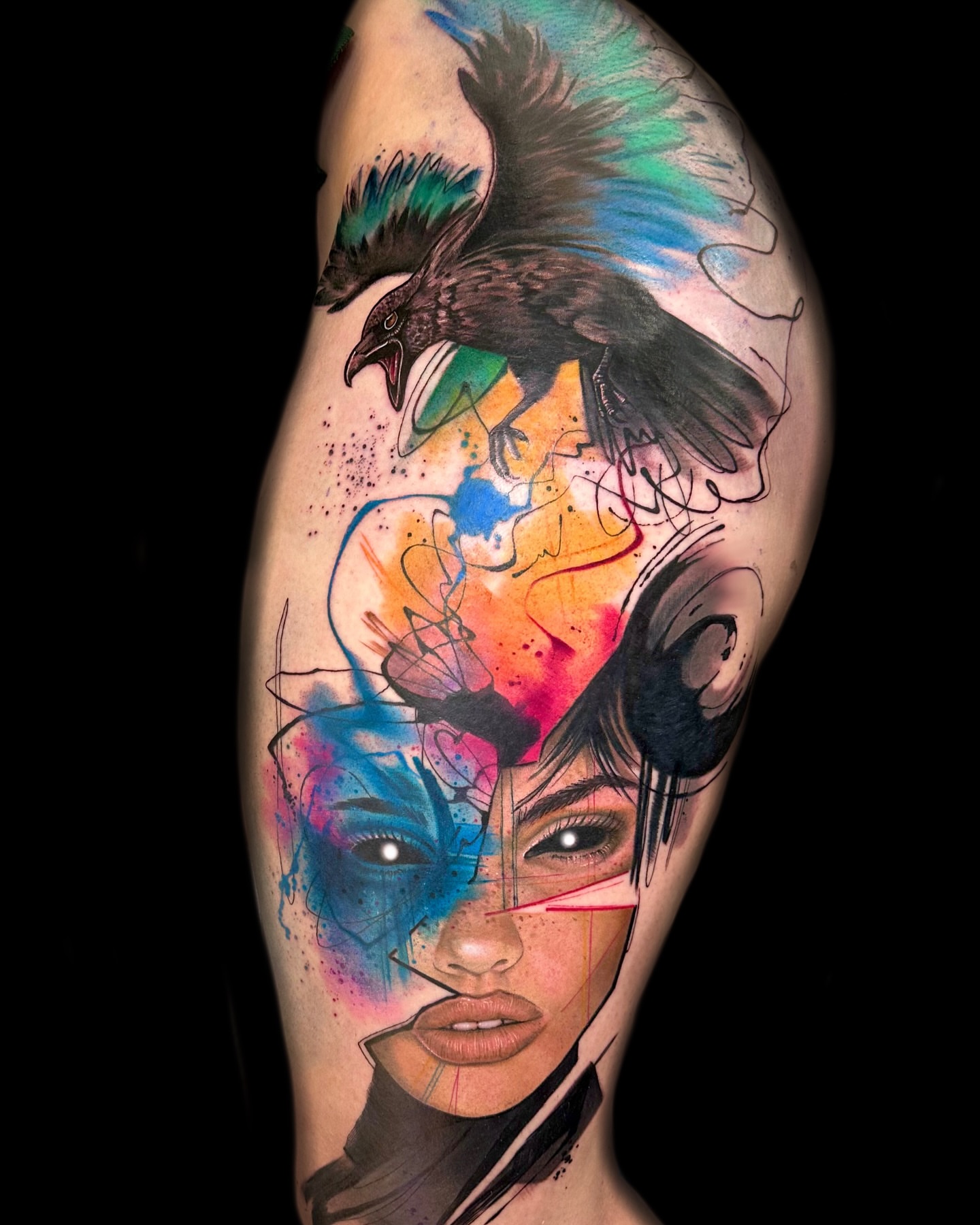 Abstract woman watercolor tattoo on the forearm by Alena Petunia