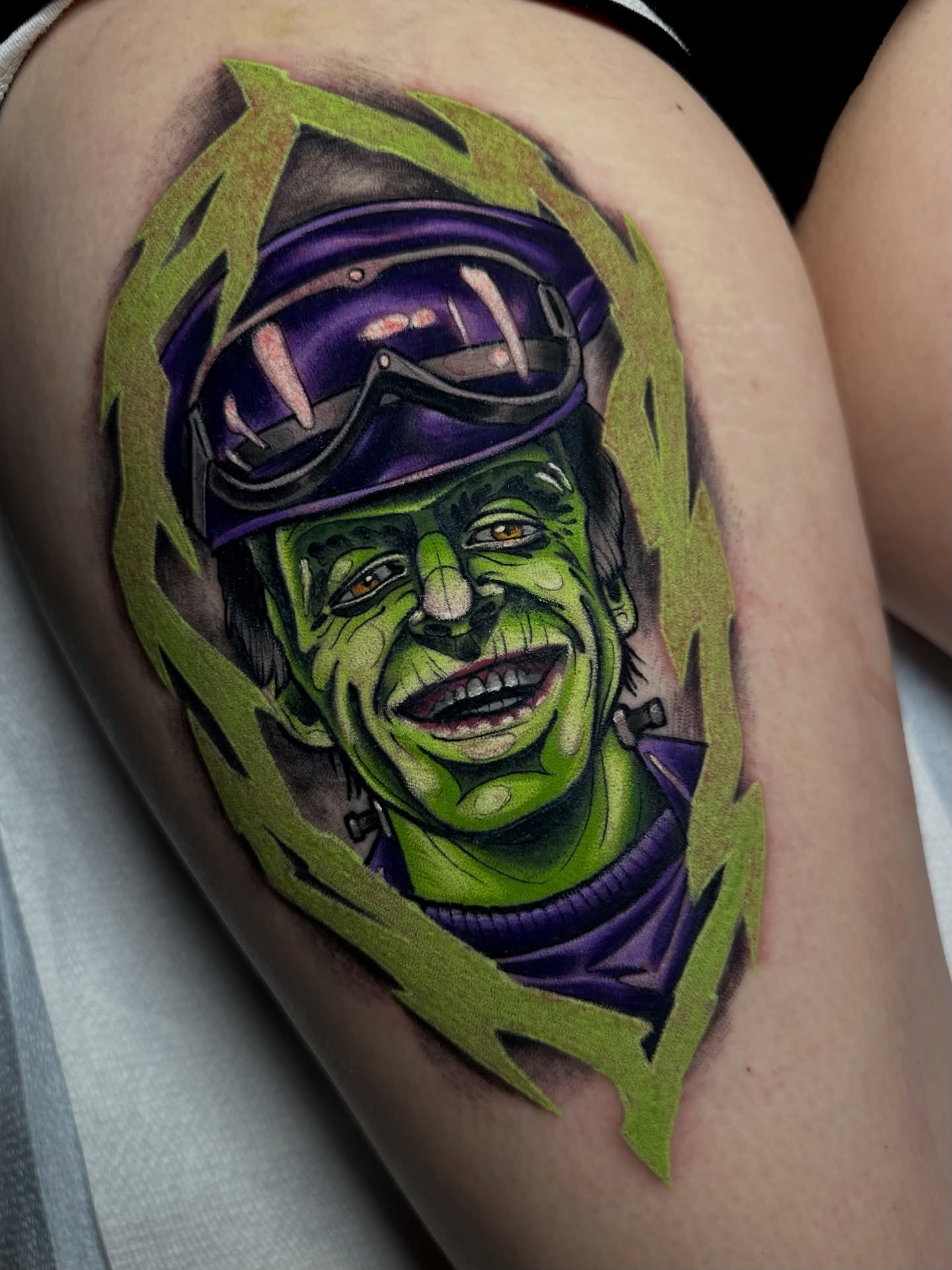 Frankenstein character realism tattoo on the thigh by 𝐀𝐮𝐬𝐭𝐢𝐧 𝐌𝐨𝐫𝐫𝐢𝐬𝐨𝐧 𝐓𝐚𝐭𝐭𝐨𝐨𝐬