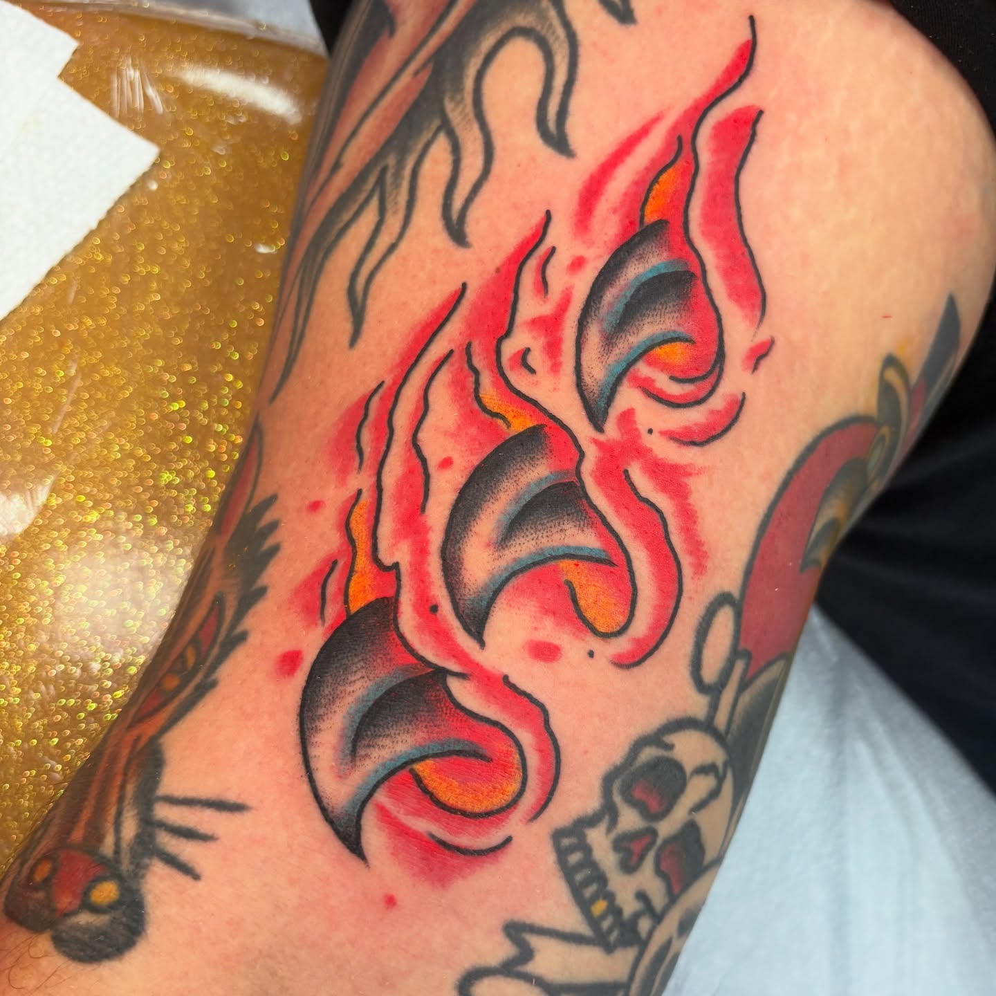 Flaming skull neo-traditional tattoo on the thigh by adamsayre, San Diego, California
