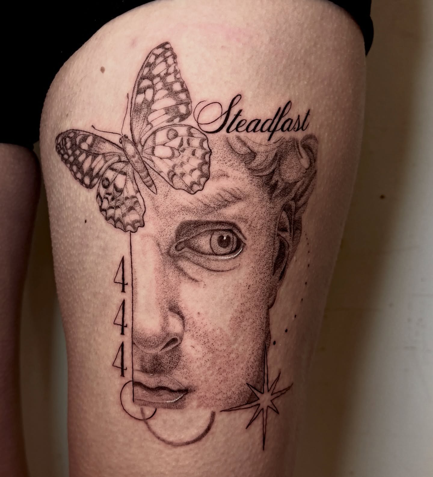 Face with butterflies realism tattoo on the thigh by Rachel
