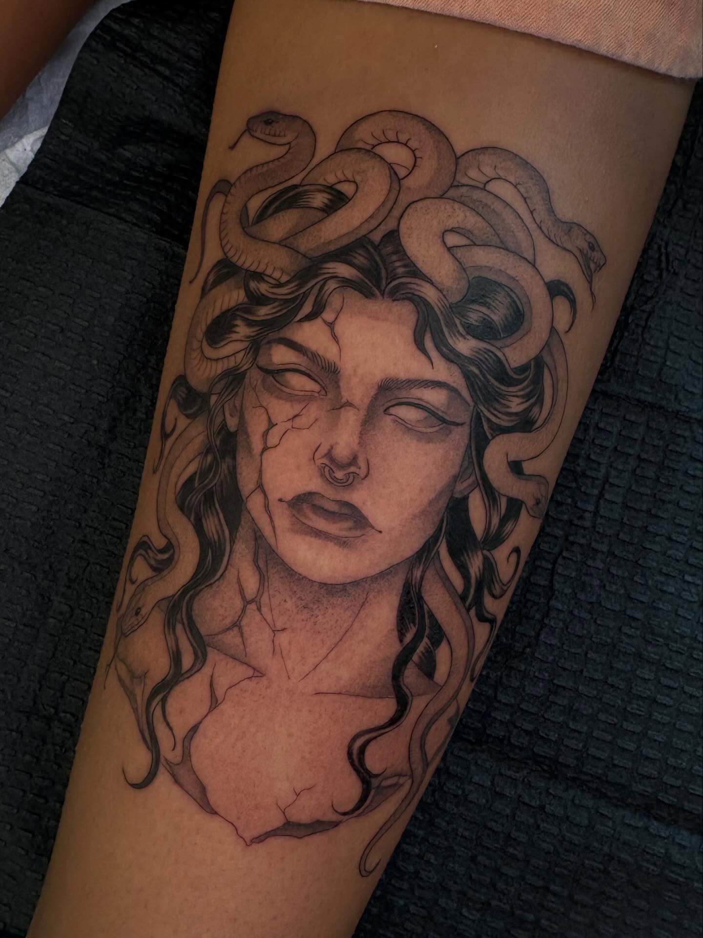 Medusa realism tattoo on the forearm by Miami Tattoo Artist π Mel Carrasco