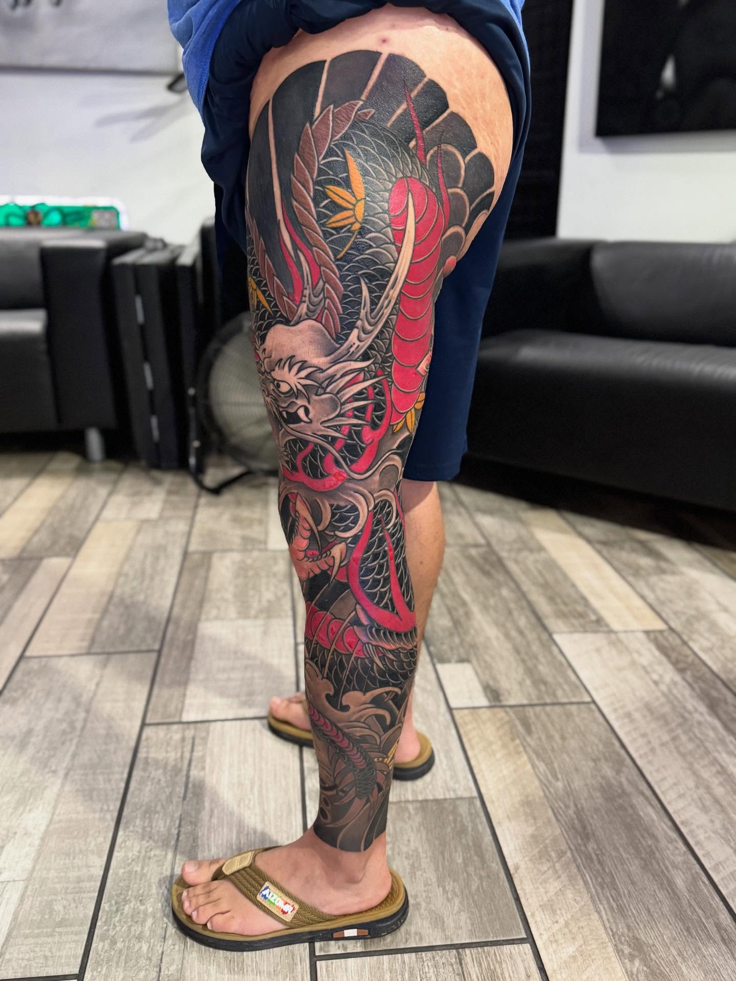 Dragon japanese irezumi tattoo on the leg by Tattoos By Chico