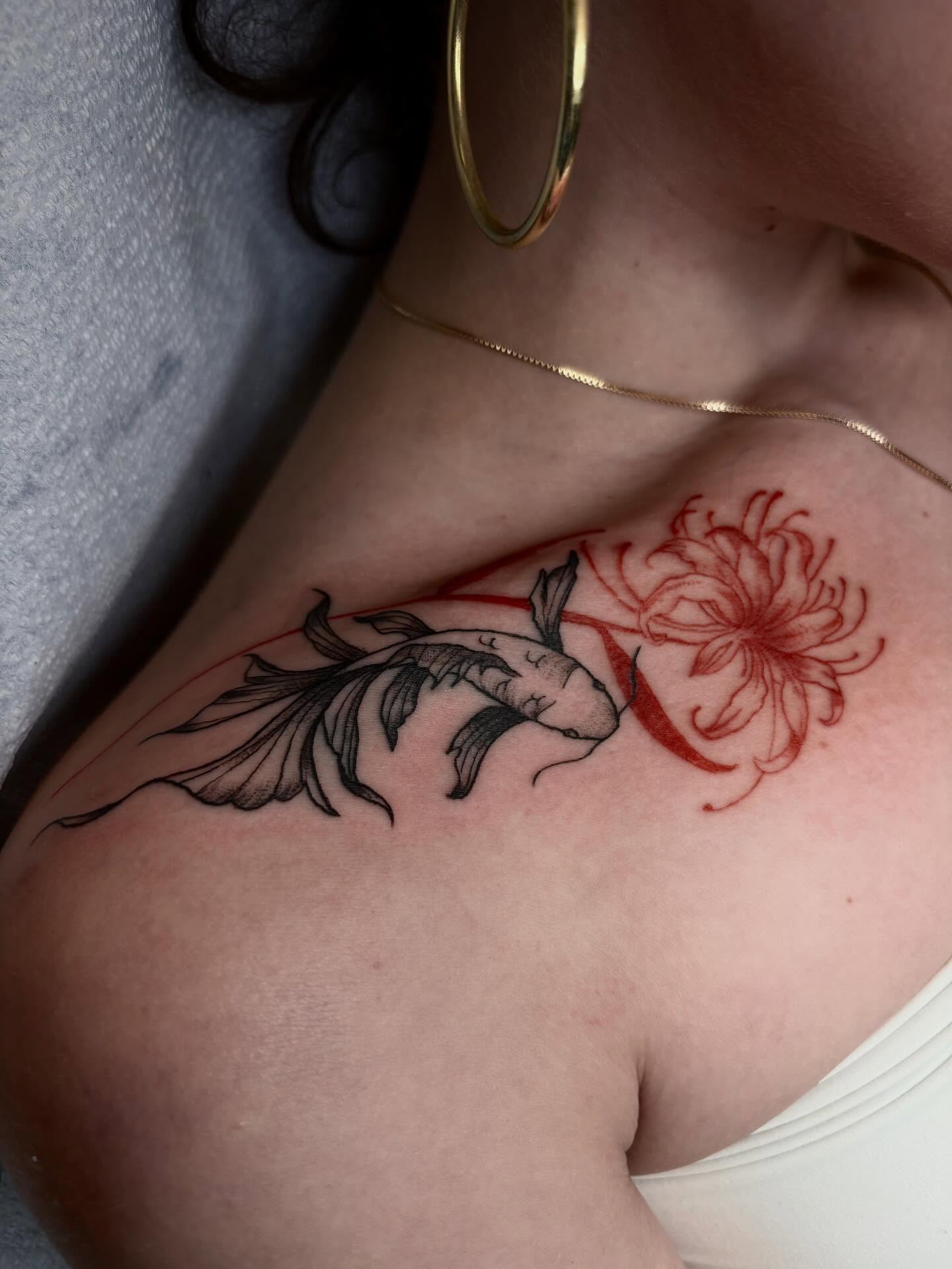 Koi fish and chrysanthemum black and grey tattoo on the shoulder by ππ©π’π΅ππ«π‘π―π ππ¬π«π’π°