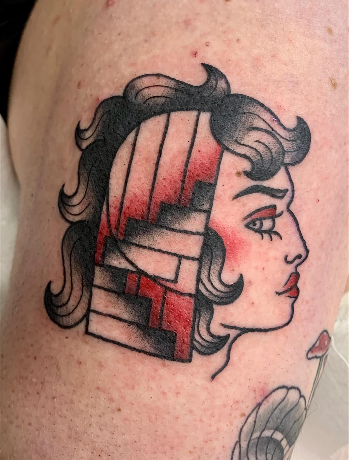 Woman with cage American traditional tattoo on the shoulder by jay