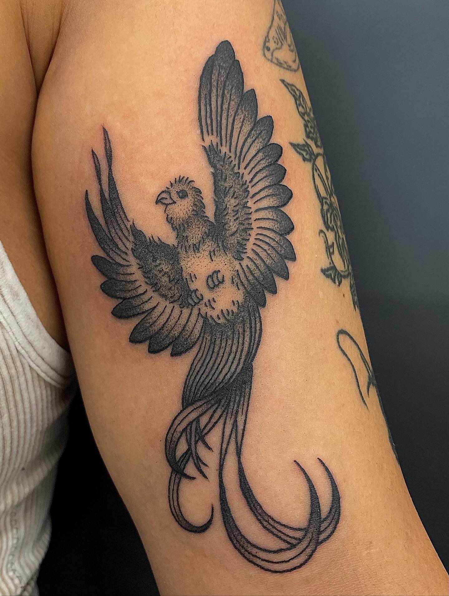Phoenix black and grey tattoo on the forearm by jay