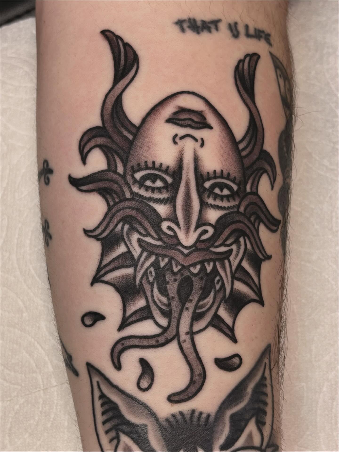 Medusa black and grey tattoo on the forearm by ๐๐๐ฏ๐ข๐ซ