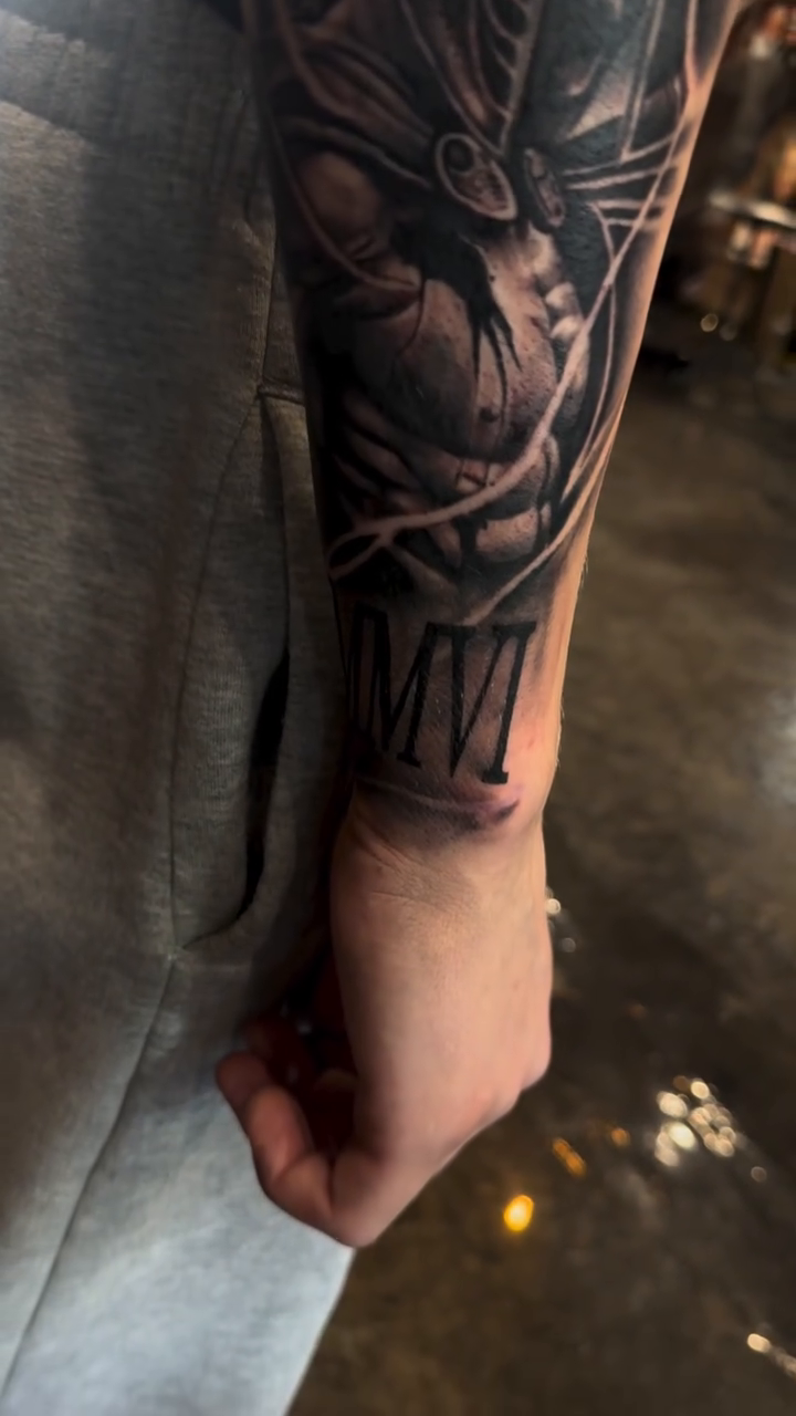 Spartan warrior helmet realism tattoo by Bernie calderon, Fresno, California