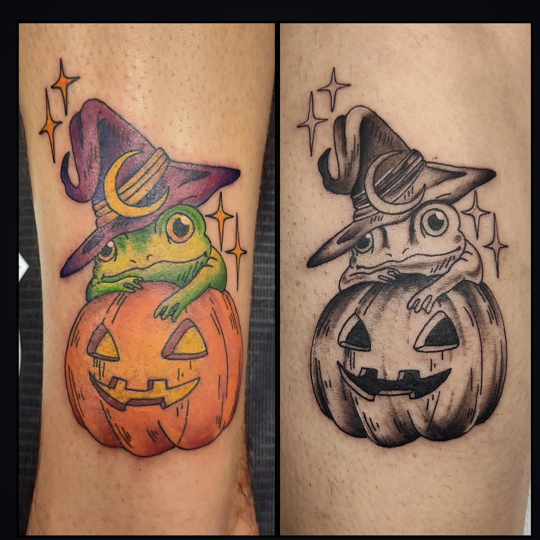 Frog on pumpkin new school tattoo on the forearm by Julie MacDonald