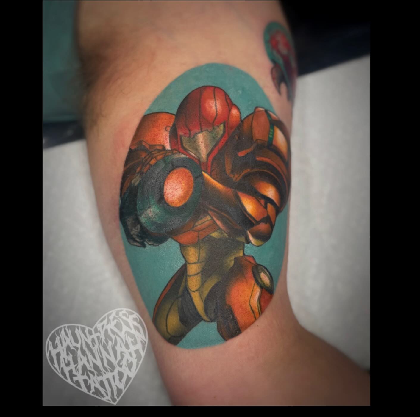 Samus Aran anime tattoo on the forearm by Hannah Casadonti