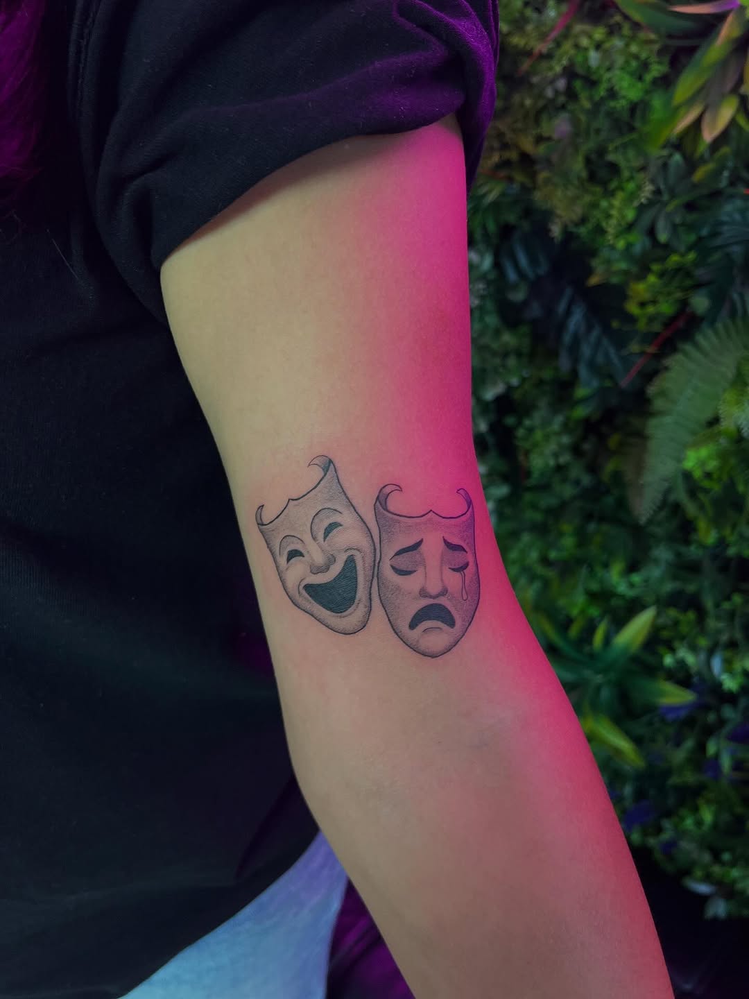 Comedy and tragedy masks realism tattoo on the forearm by ๐๐ข๐ฃ๐ฑ ๐๐ฆ๐ฑ๐ฌ ๐๏ธ