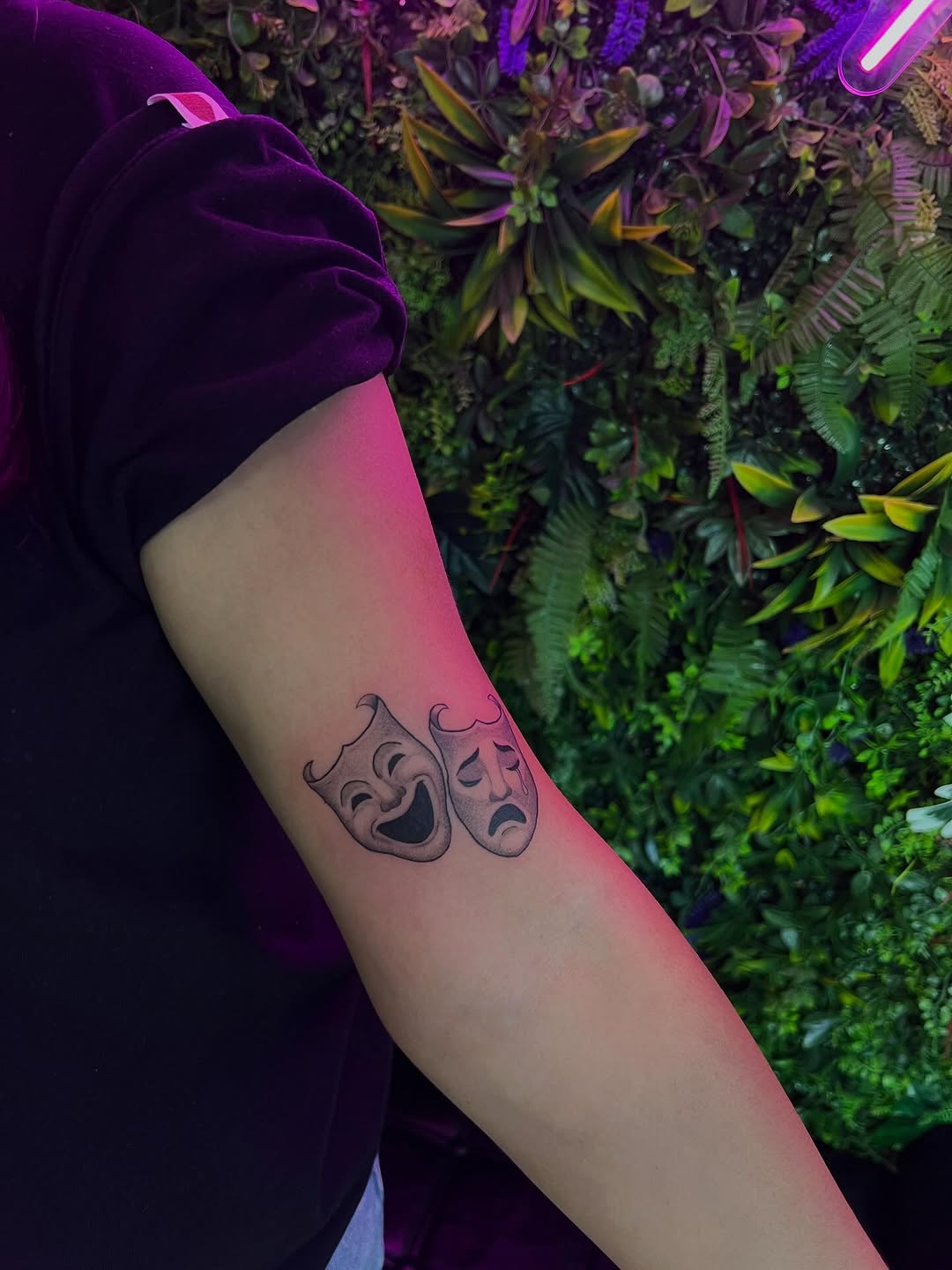 Comedy and tragedy masks realism tattoo on the forearm by ๐๐ข๐ฃ๐ฑ ๐๐ฆ๐ฑ๐ฌ ๐๏ธ