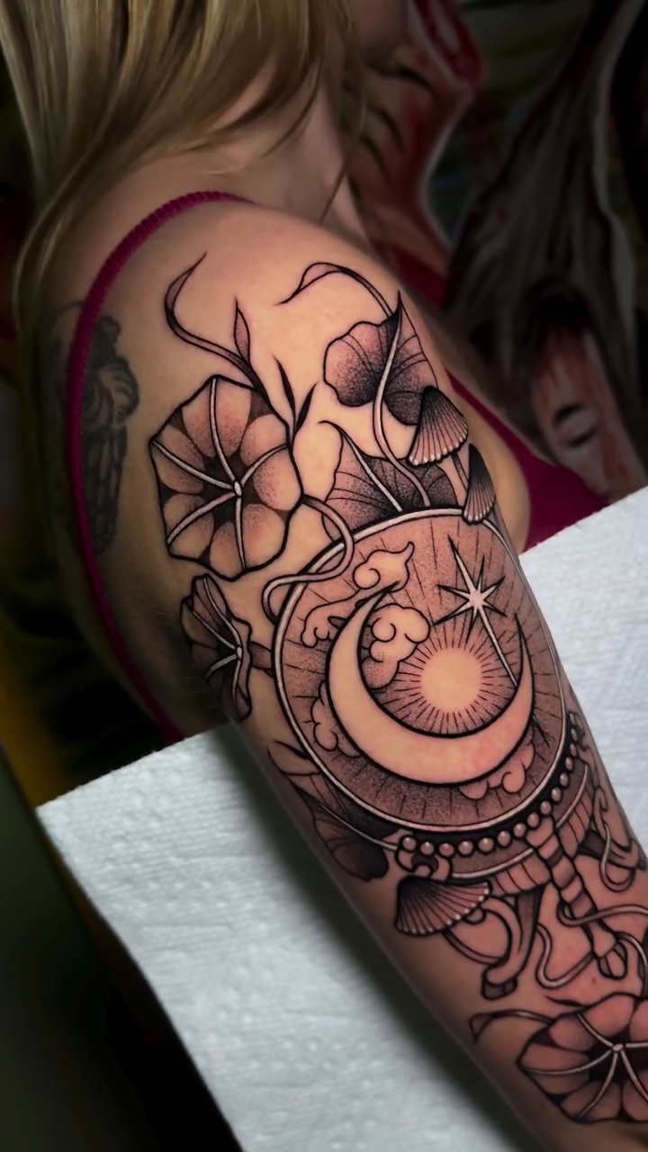 Celestial moon and star compass ornamental tattoo by Bell Bolton