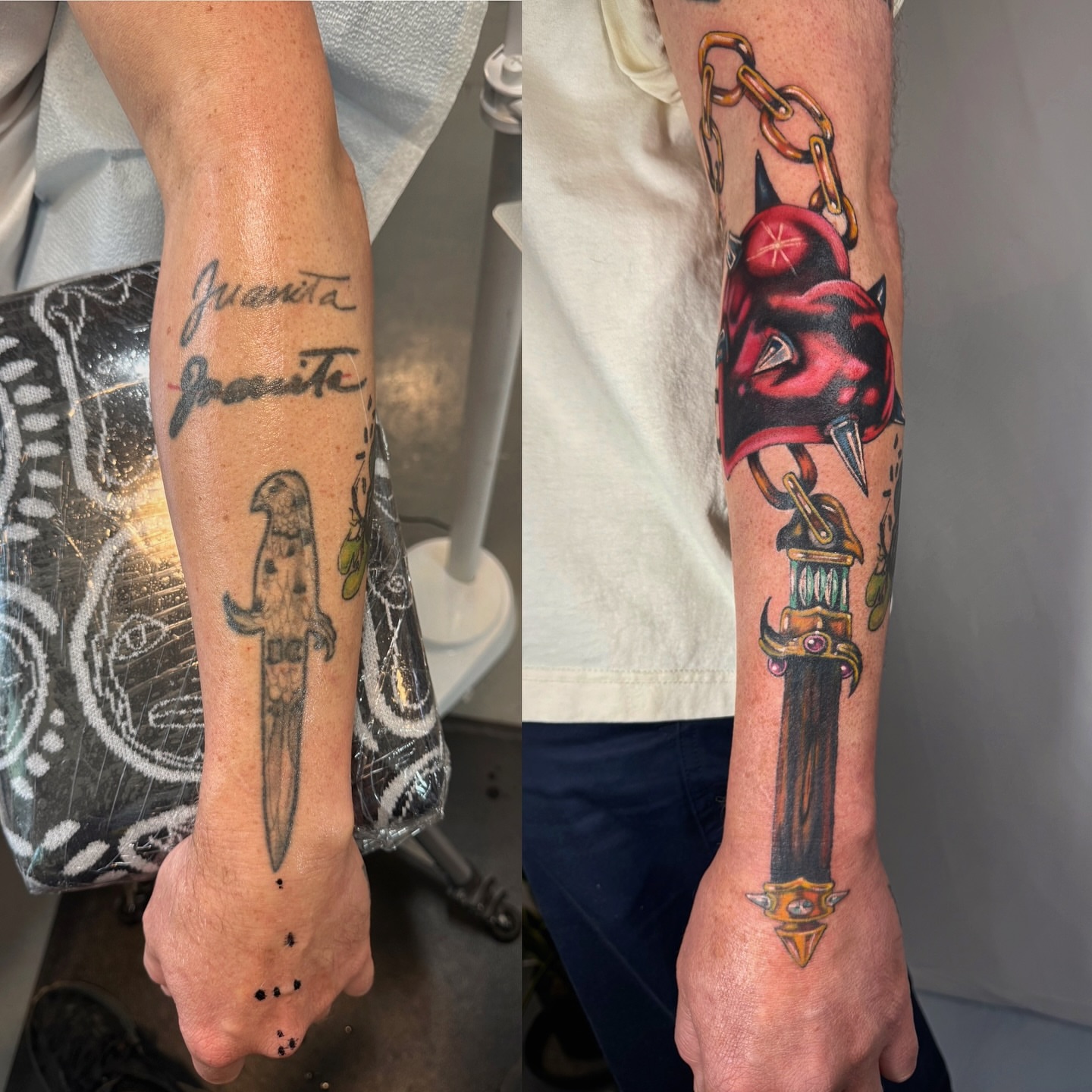 Dagger and devil American traditional tattoo on the forearm by Franky A Bonifacio, Seattle, Washington