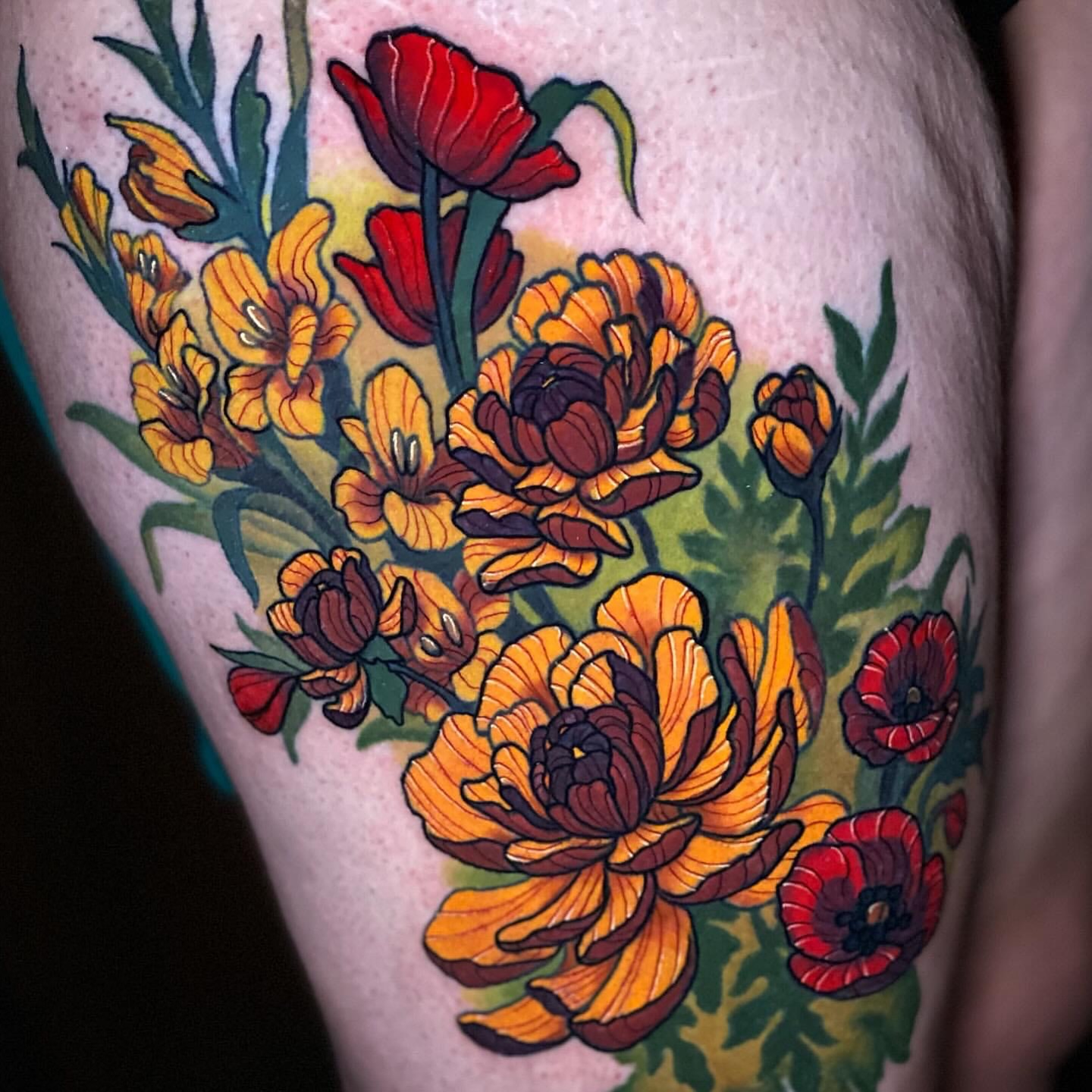 Flowers American traditional tattoo on the thigh by Lindsay Hall