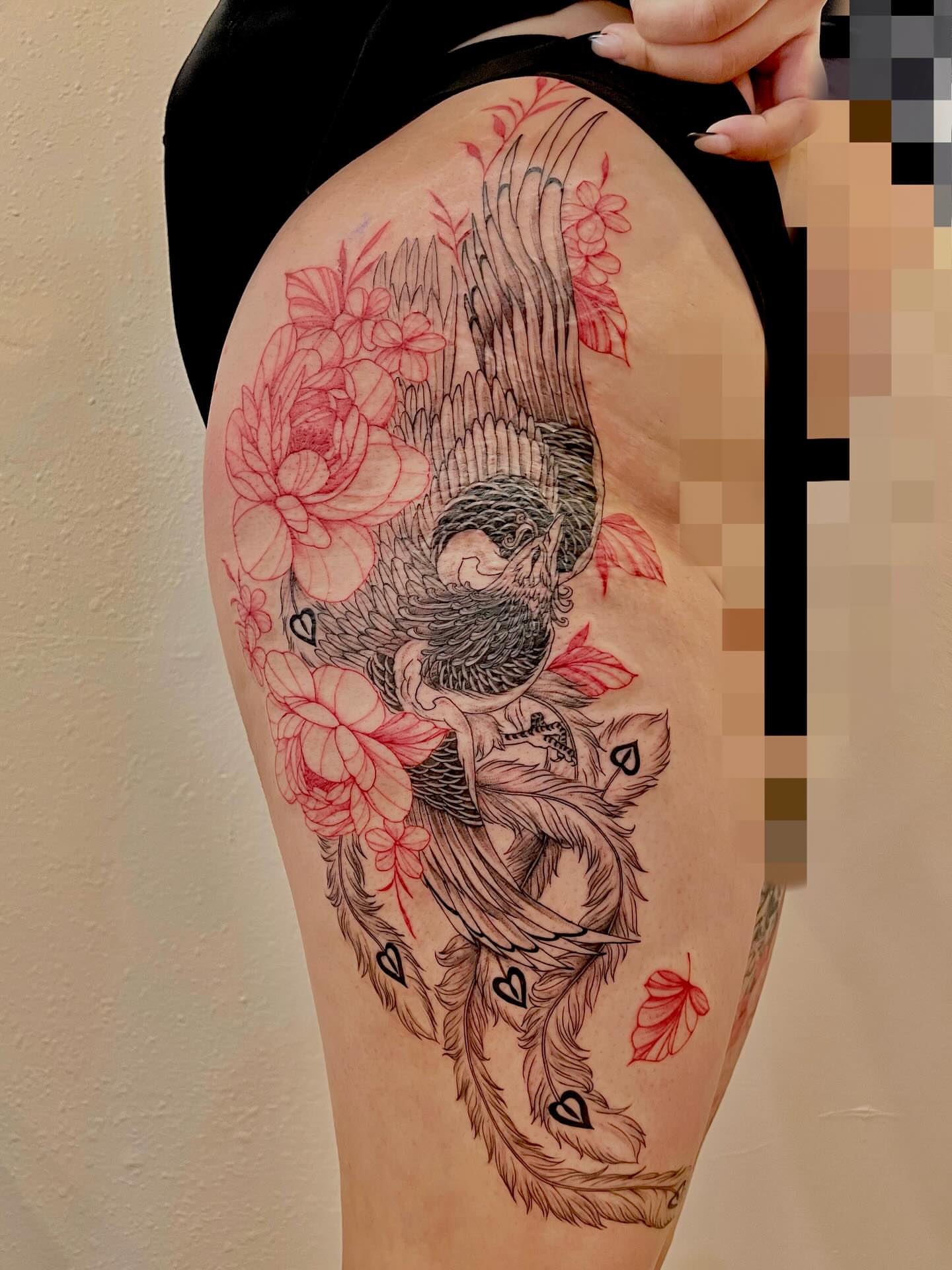 Phoenix and flowers neo-traditional tattoo on the thigh by Kite.Tattoo_Amber