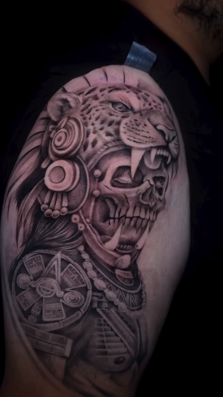 Aztec warrior skull with jaguar headdress realism tattoo by Dani B.