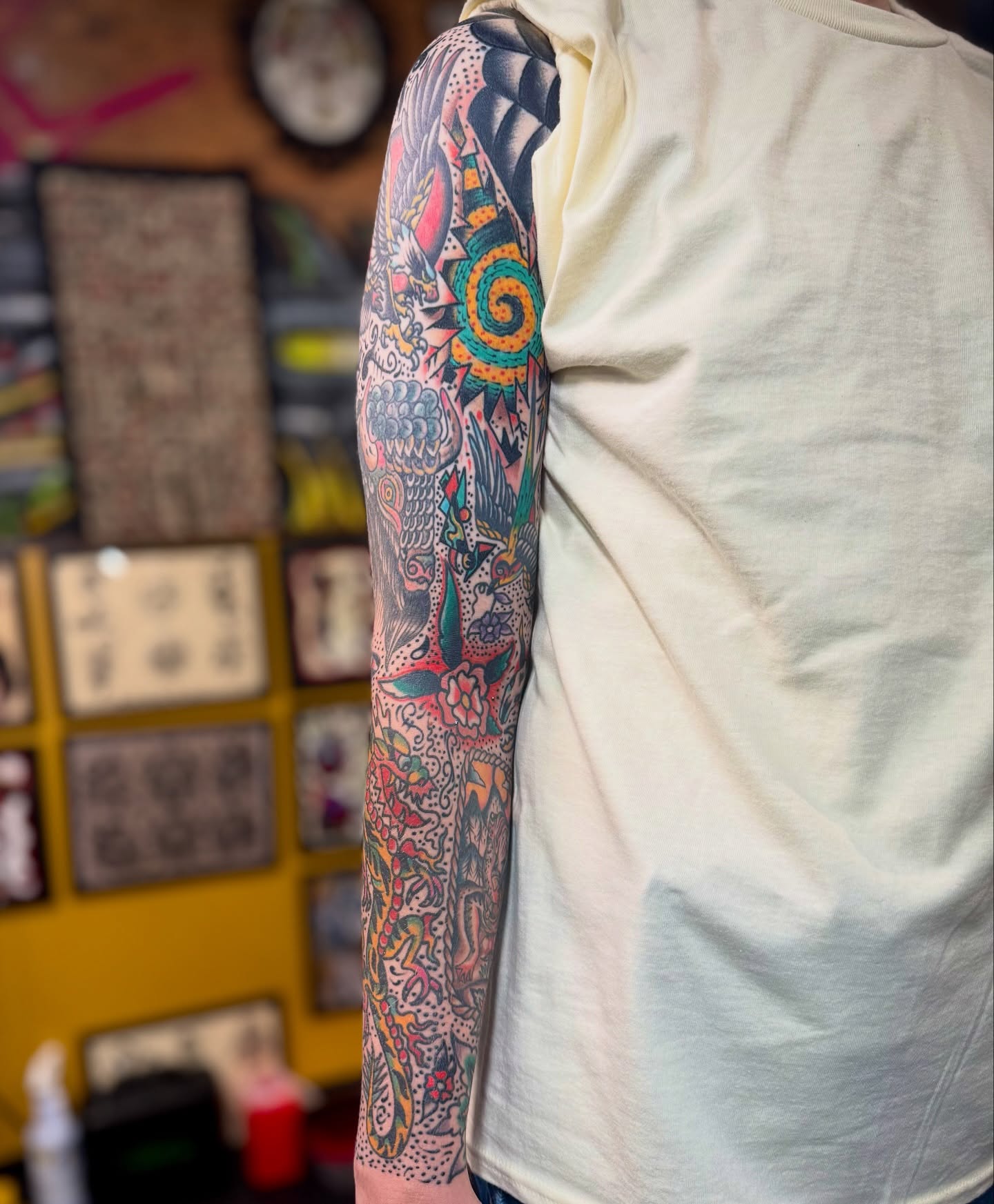 Colorful dragon American traditional tattoo on the forearm by Joe tatum ~Tattoo~