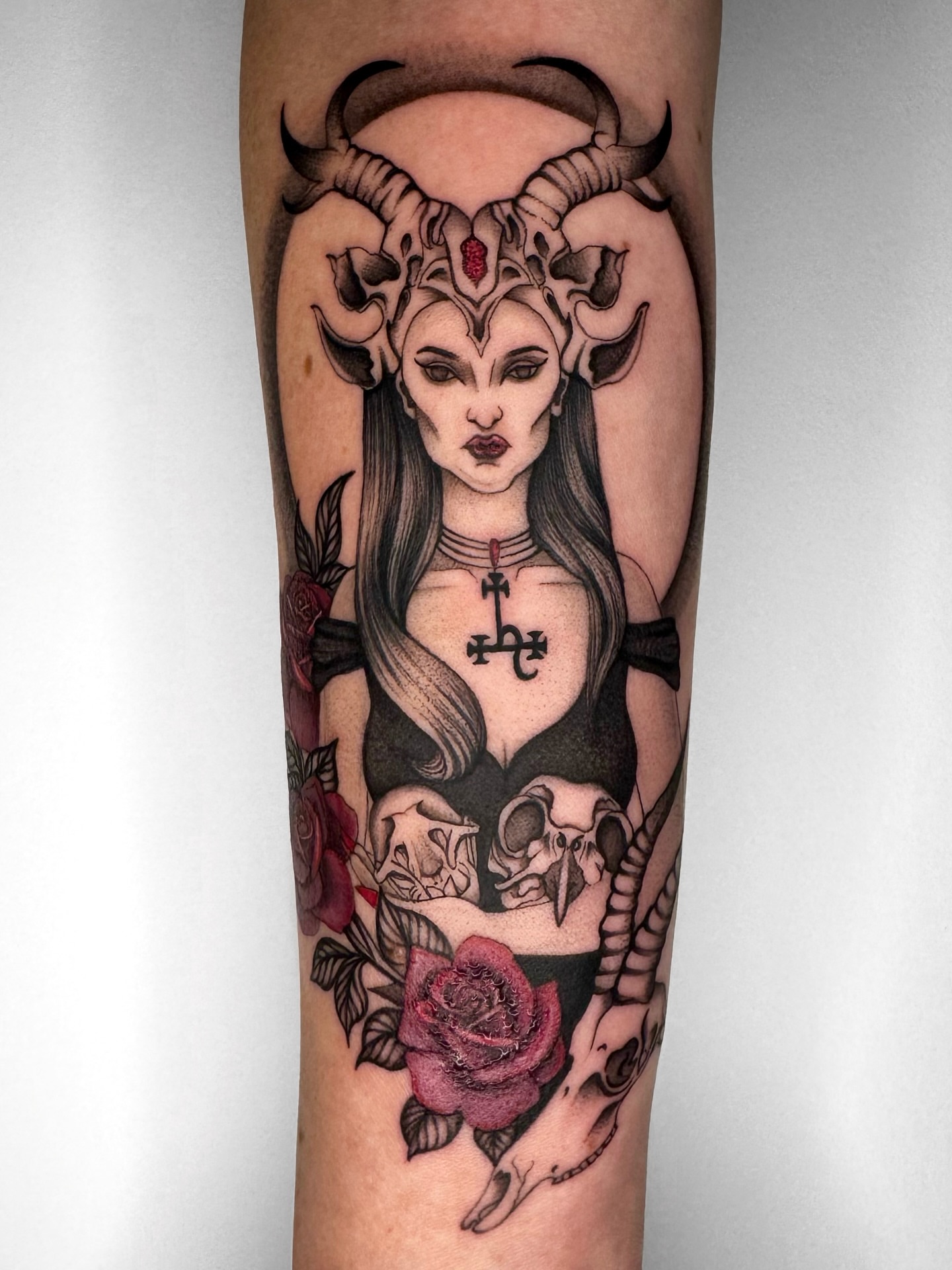 Gothic woman with horns dark realism tattoo on the forearm by Austin Tattoo Artist, Austin, Texas