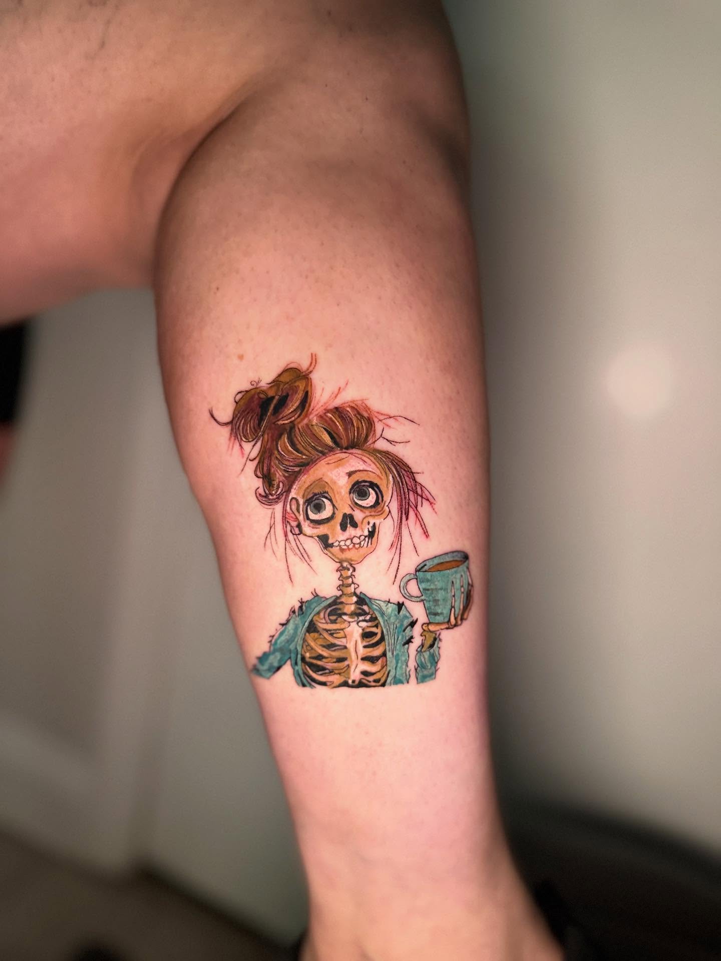 Skull with hair realism tattoo on the forearm by dotMX