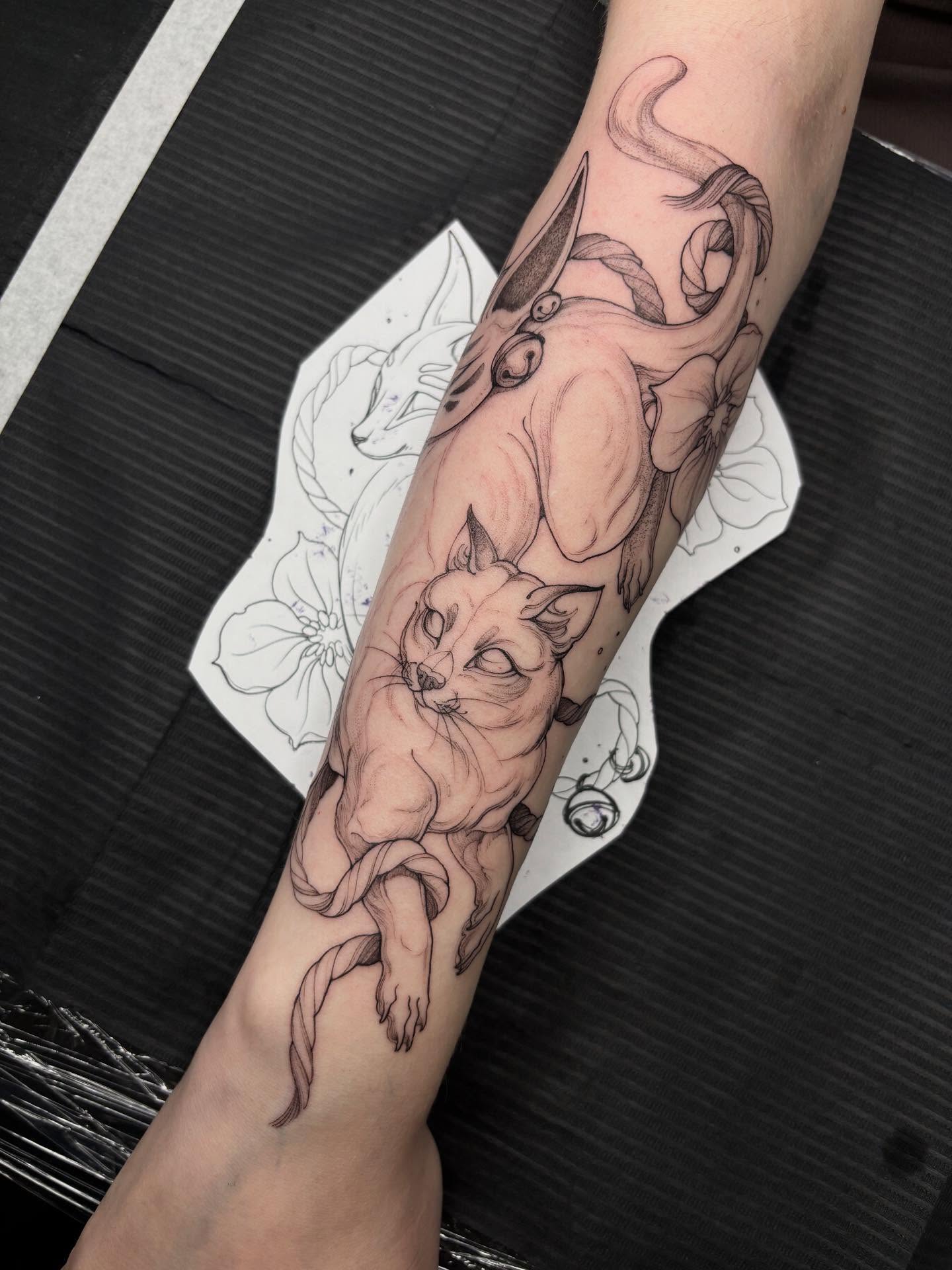 Cat and fox realism tattoo on the forearm by vaprol tattoo ✧ Boston