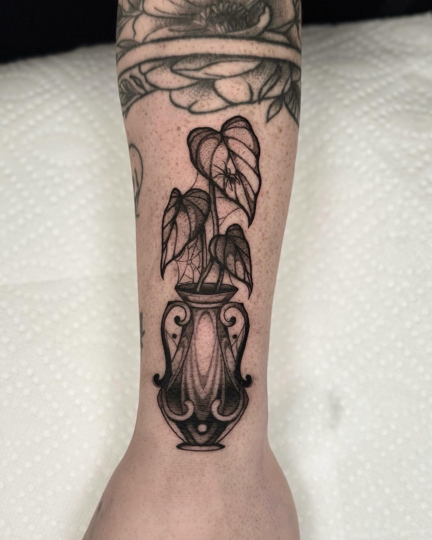 Plant in vase black and grey tattoo on the forearm by jada