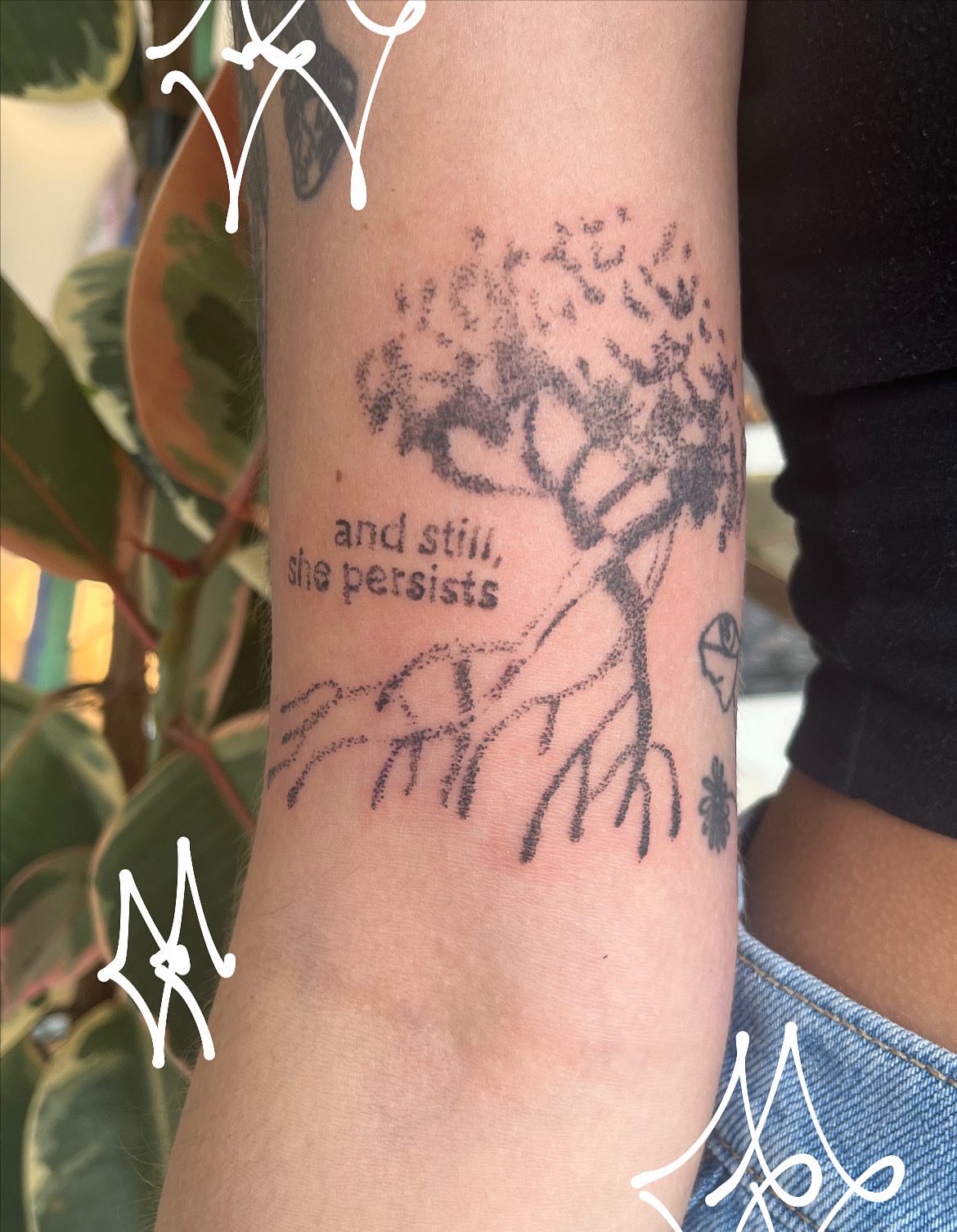 Tree with quote dotwork tattoo on the forearm by luce elias :