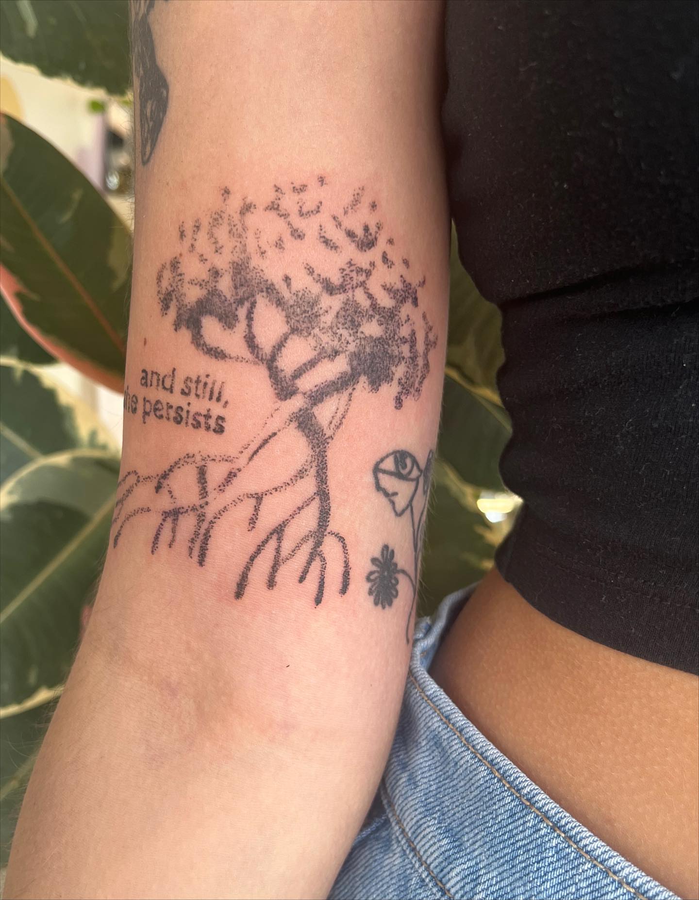Tree and quote dotwork tattoo on the forearm by luce elias :