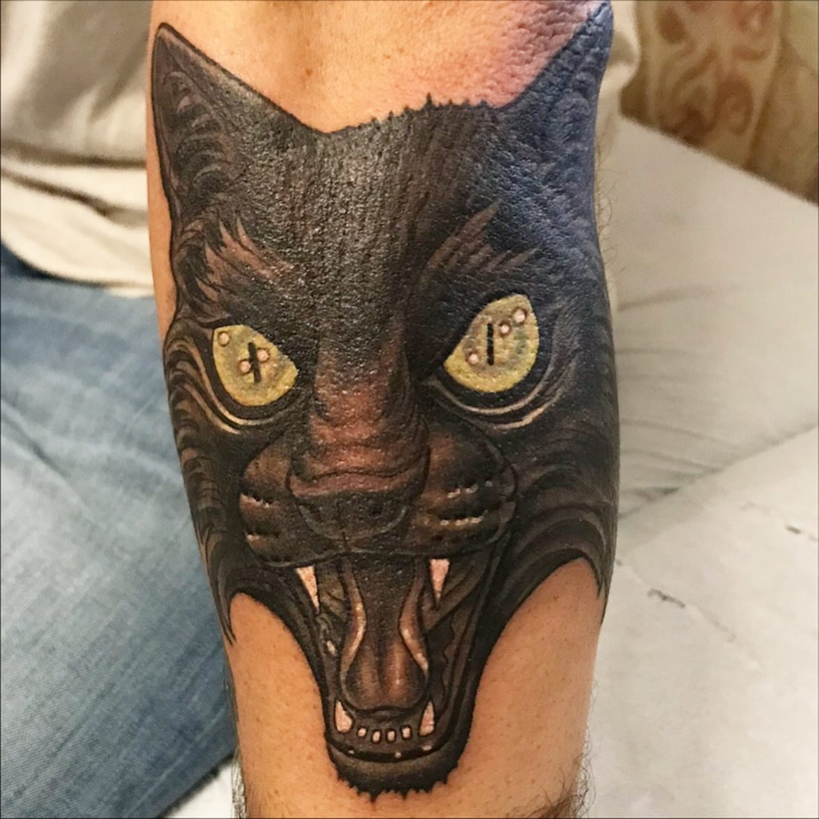 Cat head realism tattoo on the forearm by Miles Maniaci, Chicago, Illinois