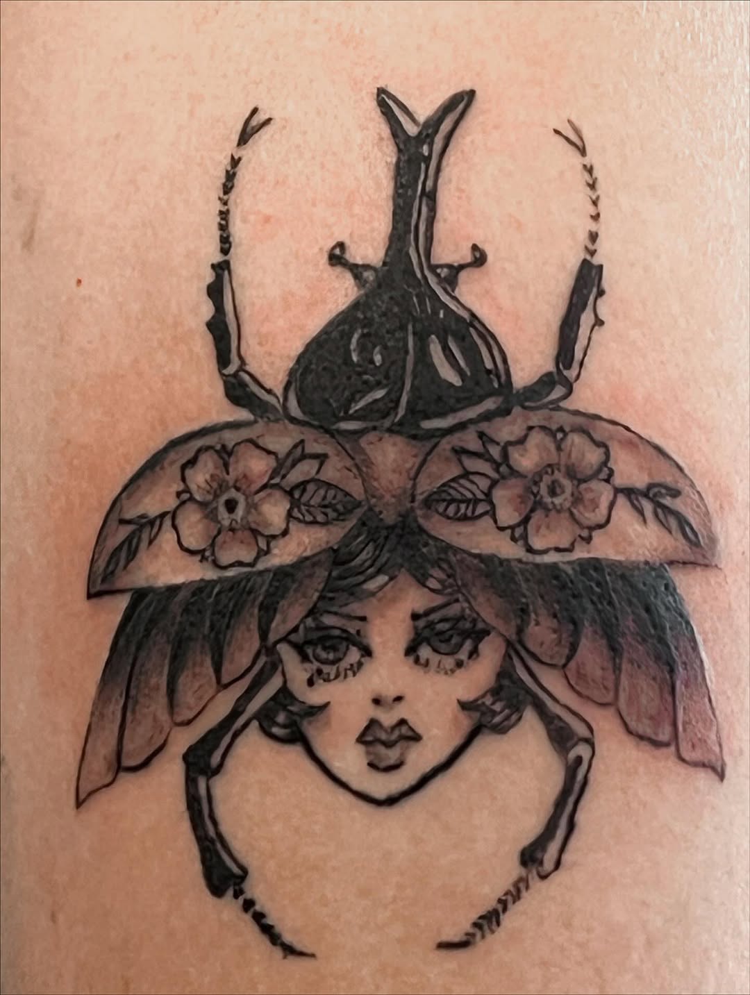 Beetle woman fine line tattoo on the forearm by ❦julia