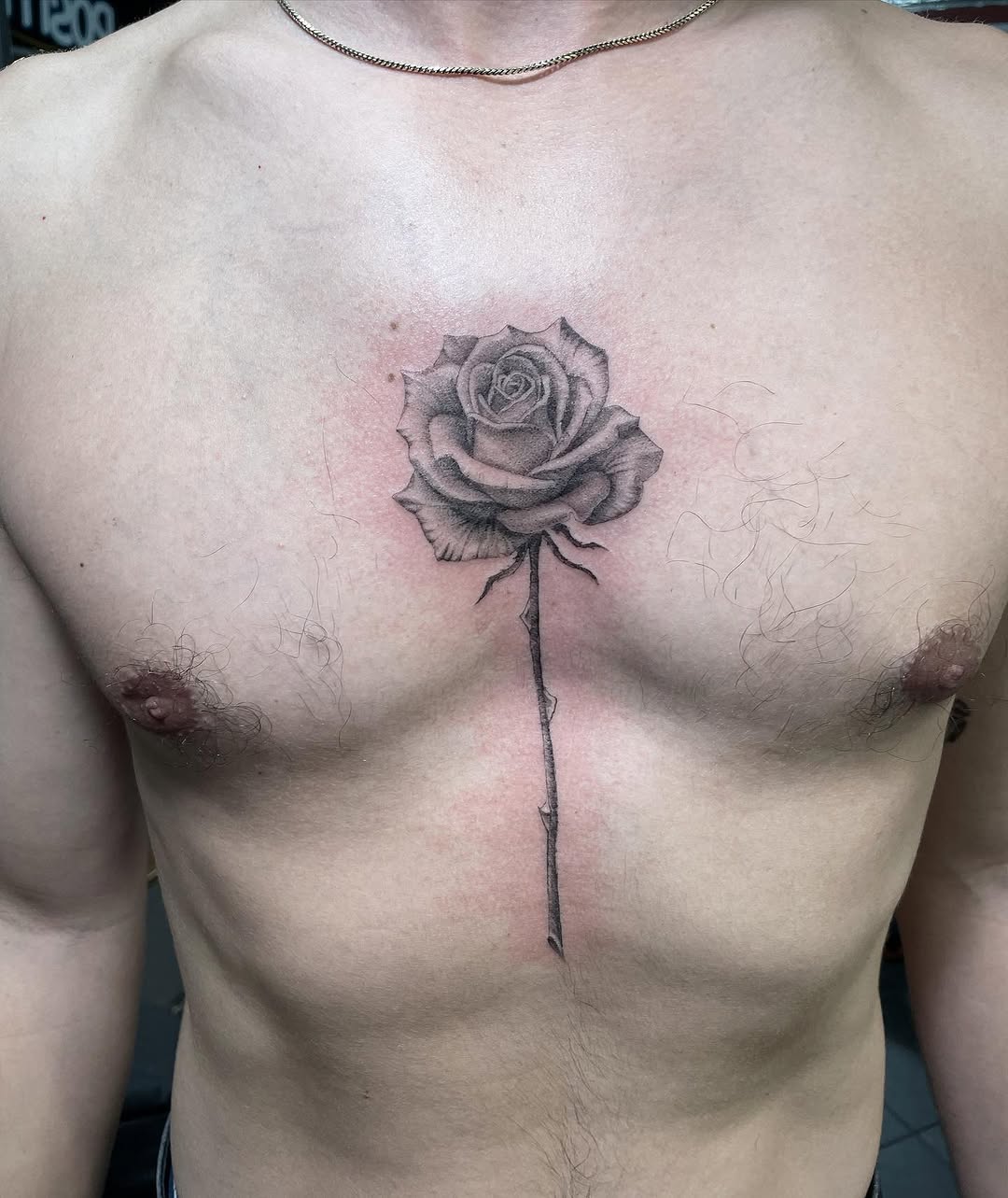 Rose with stem neo-traditional tattoo on the chest by Jesus A.