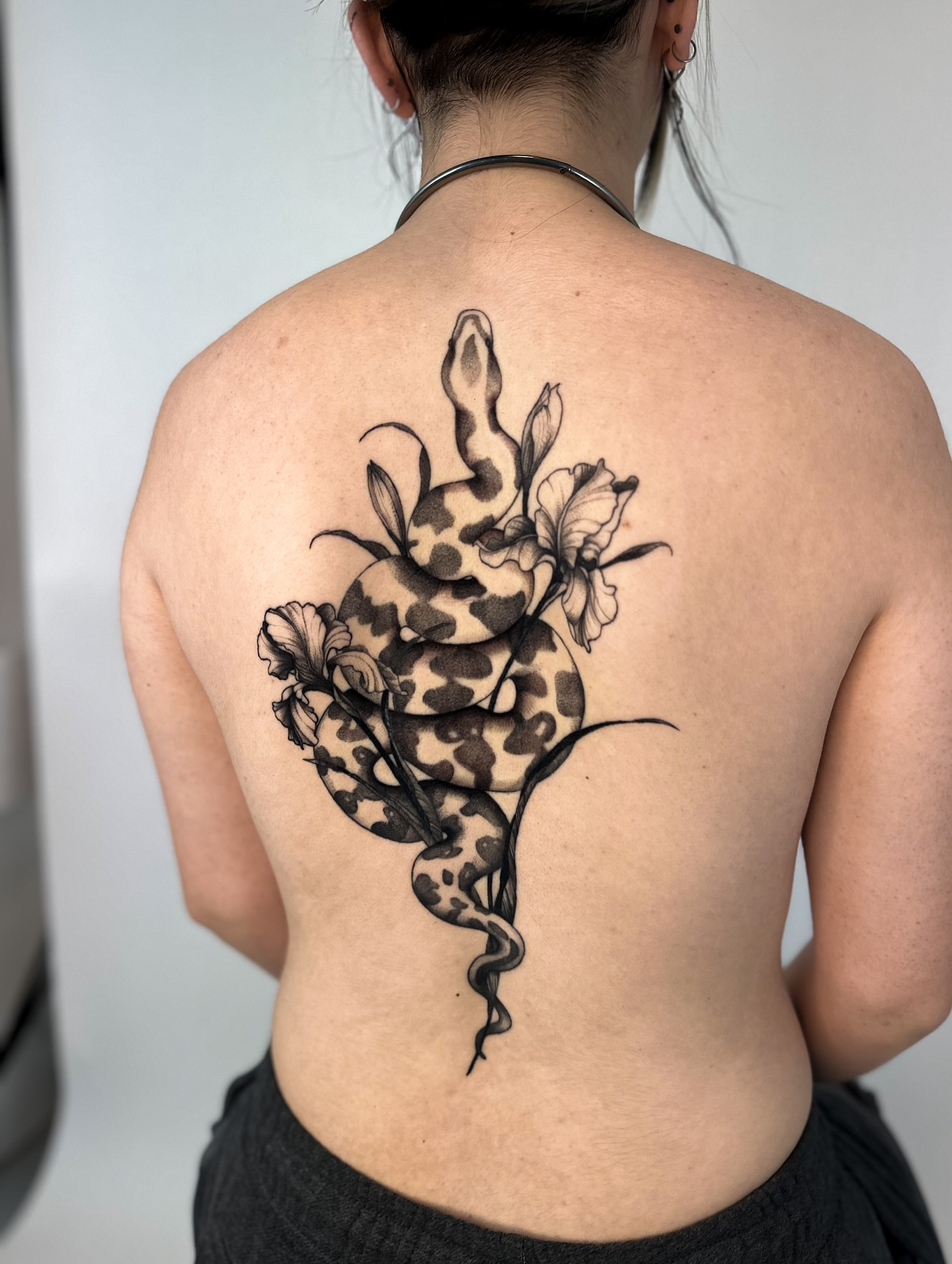 Snake and flowers realism tattoo on the back by Lauren