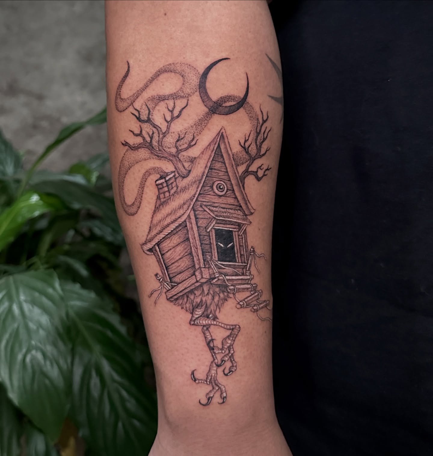 Haunted house realism tattoo on the forearm by Carmen Figueroa, New York, New York