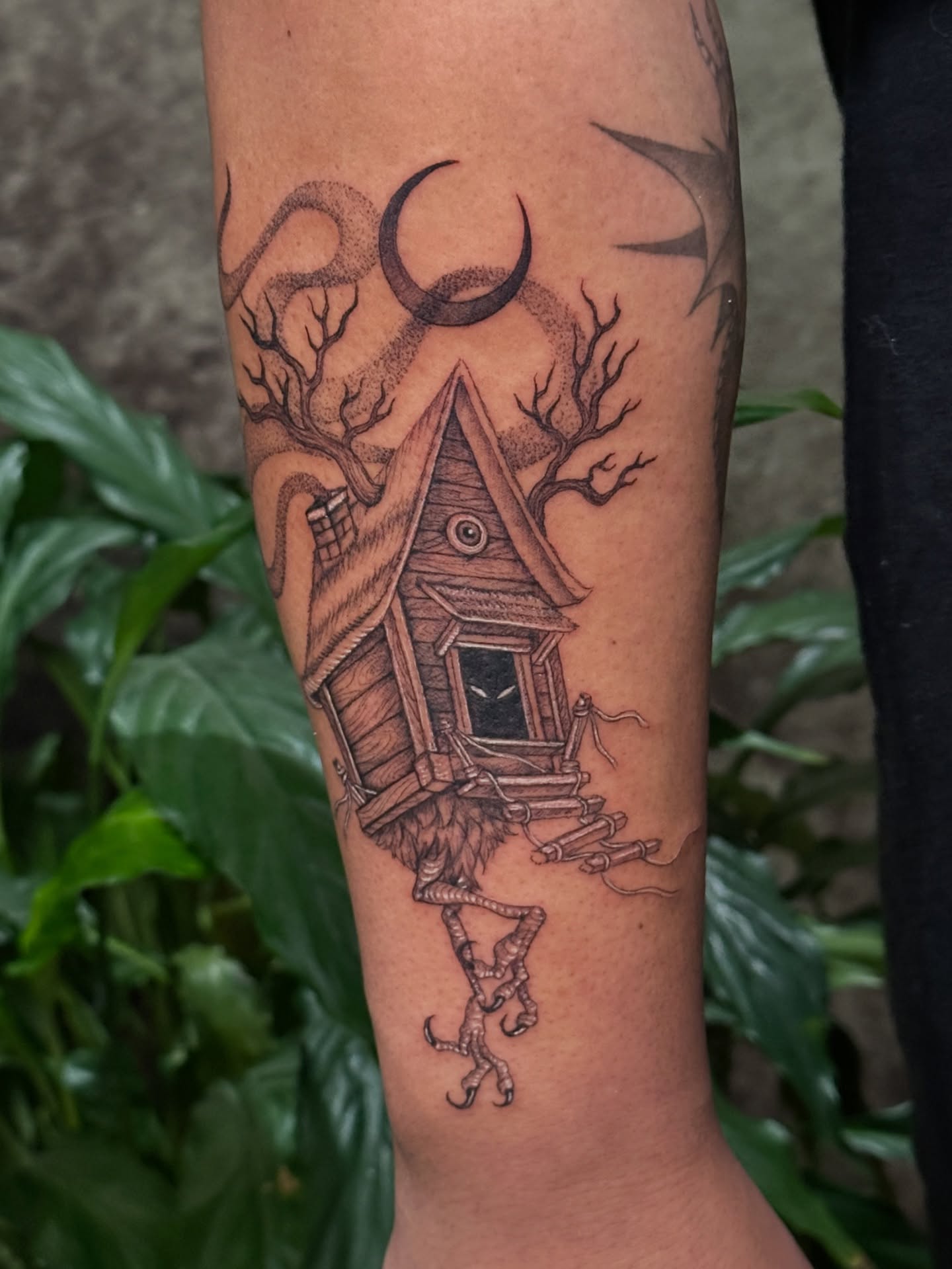 Haunted house realism tattoo on the forearm by Carmen Figueroa, New York, New York
