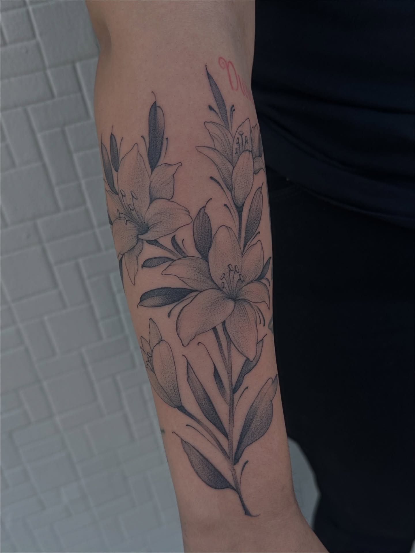 Lilies dotwork tattoo on the forearm by Juan Vega (tony)