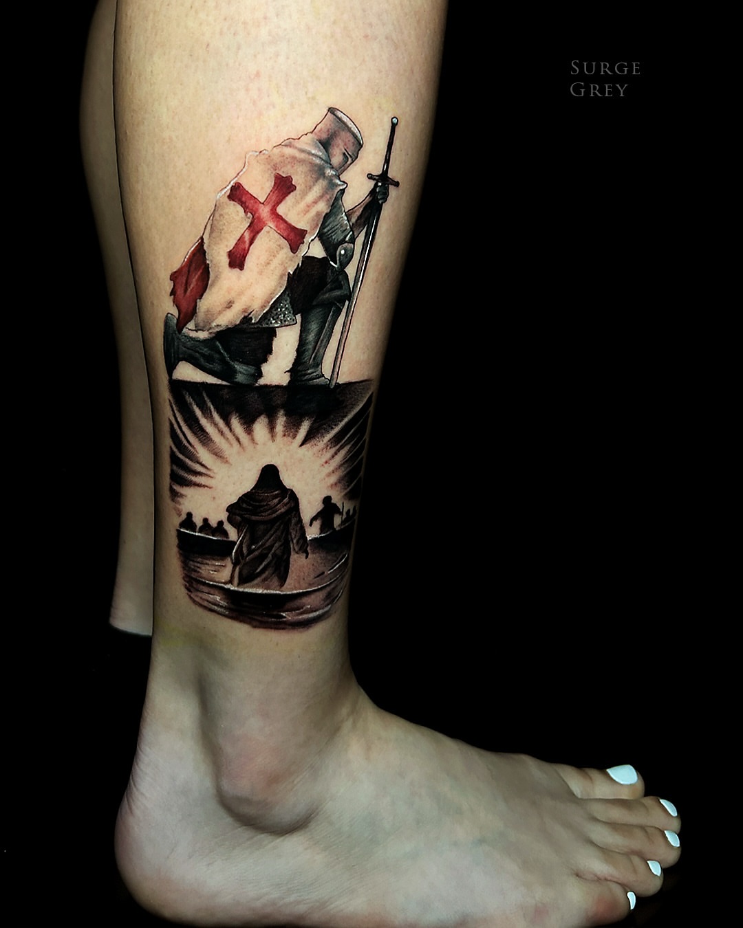 Knight and religious figure realism tattoo on the calf by Austin Tattoo Artist