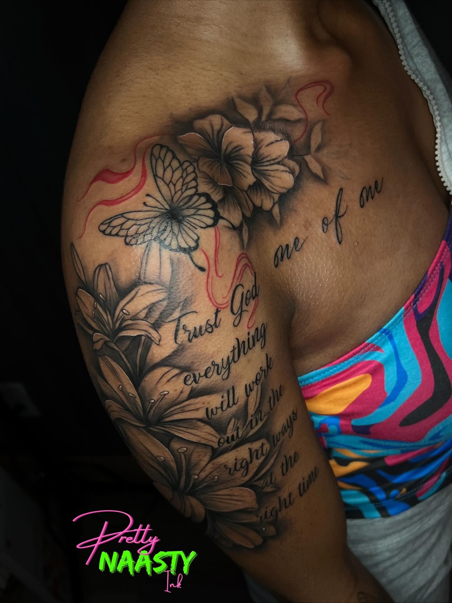 Flowers and butterfly realism tattoo on the shoulder by Pretty Naasty Ink🖤