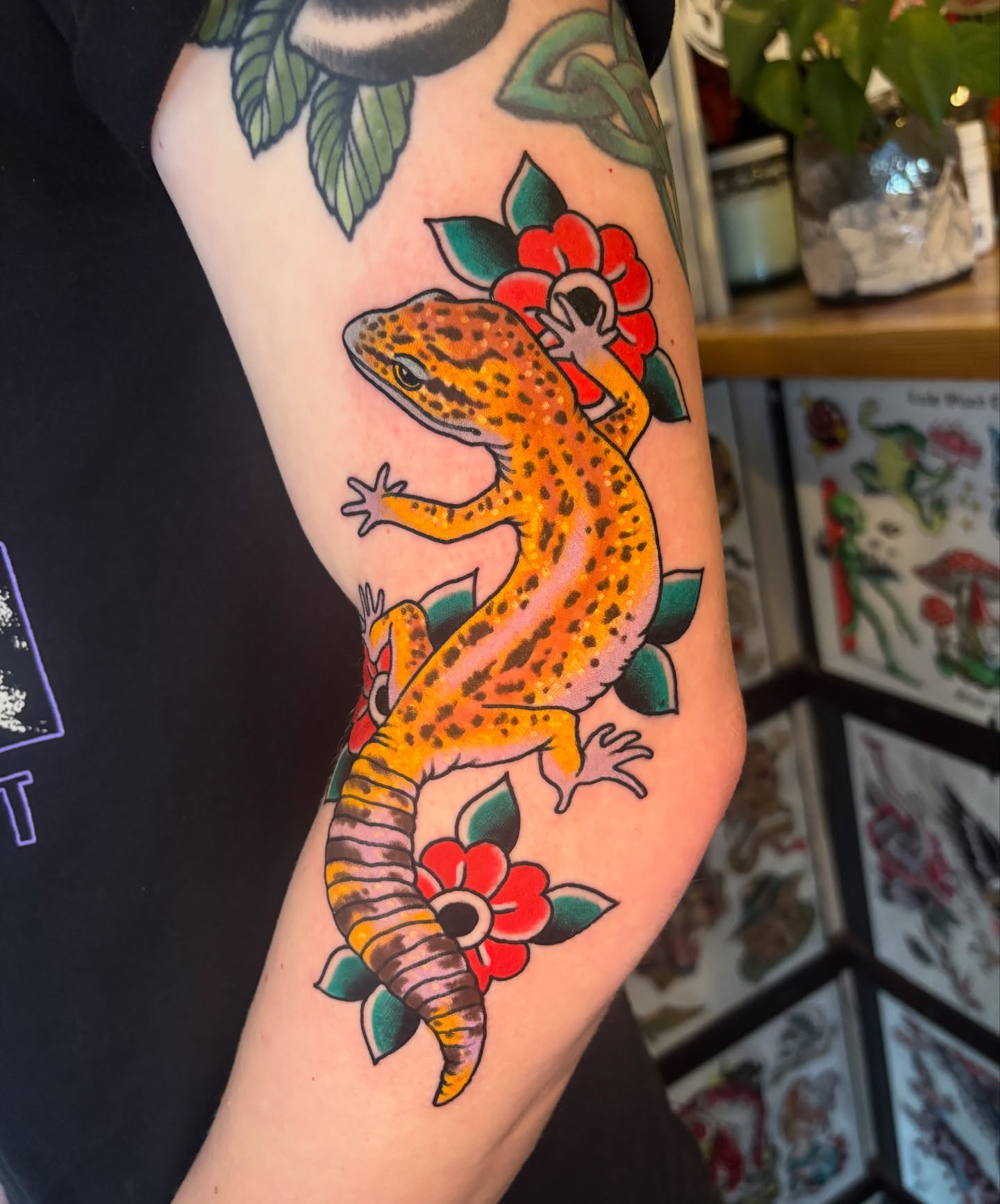 Gecko and flowers American traditional tattoo on the forearm by Mike Maciejewski:Chicago Tattoo Artist
