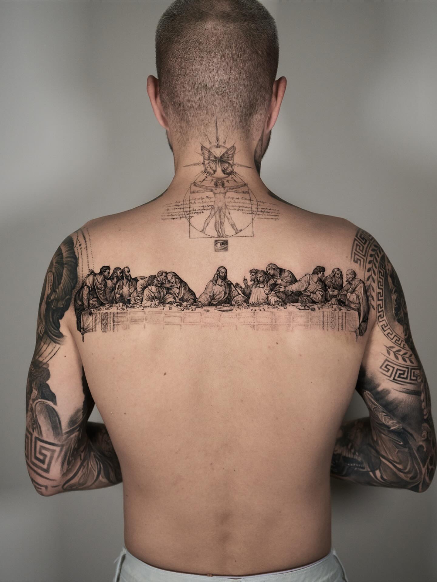 The last supper realism tattoo on the back by Tattoo artist LA ། Fine line, Micro realism
