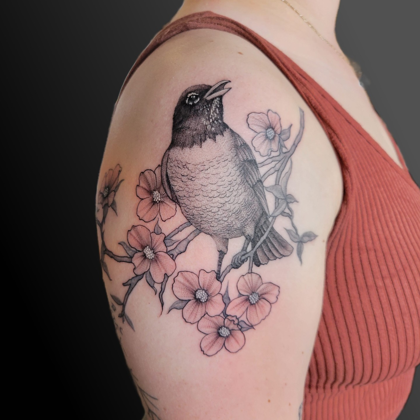 Bird and flowers realism tattoo on the shoulder by Arick Reese