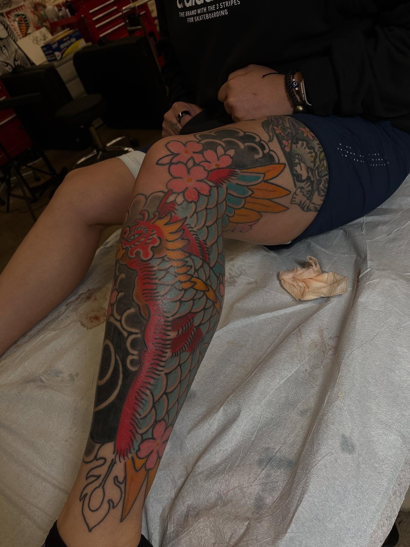 Koi fish japanese irezumi tattoo on the leg by Kaichi Fujita, Eugene, Oregon