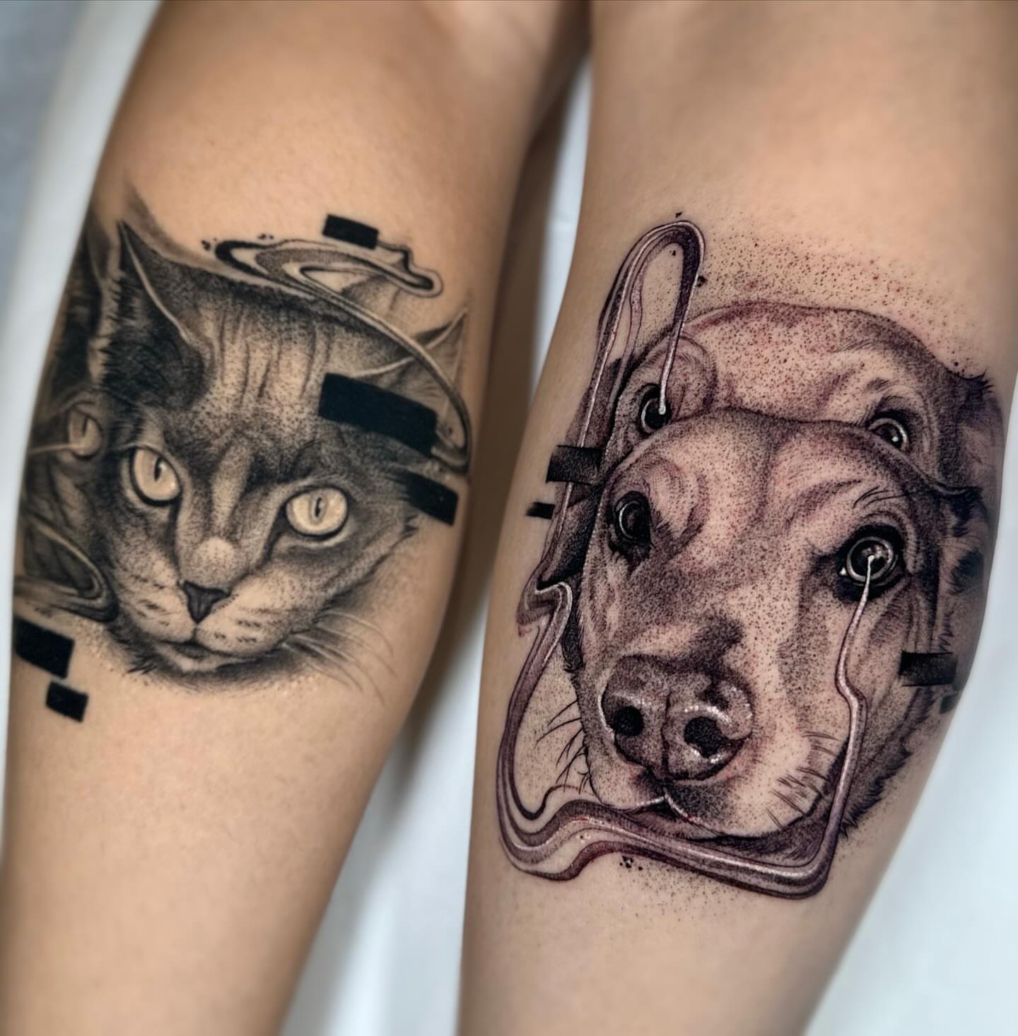 Cat and dog dotwork tattoo on the forearm by ᴇʟɪᴢᴀ ɢᴏɴᴢᴀʟᴇᴢ